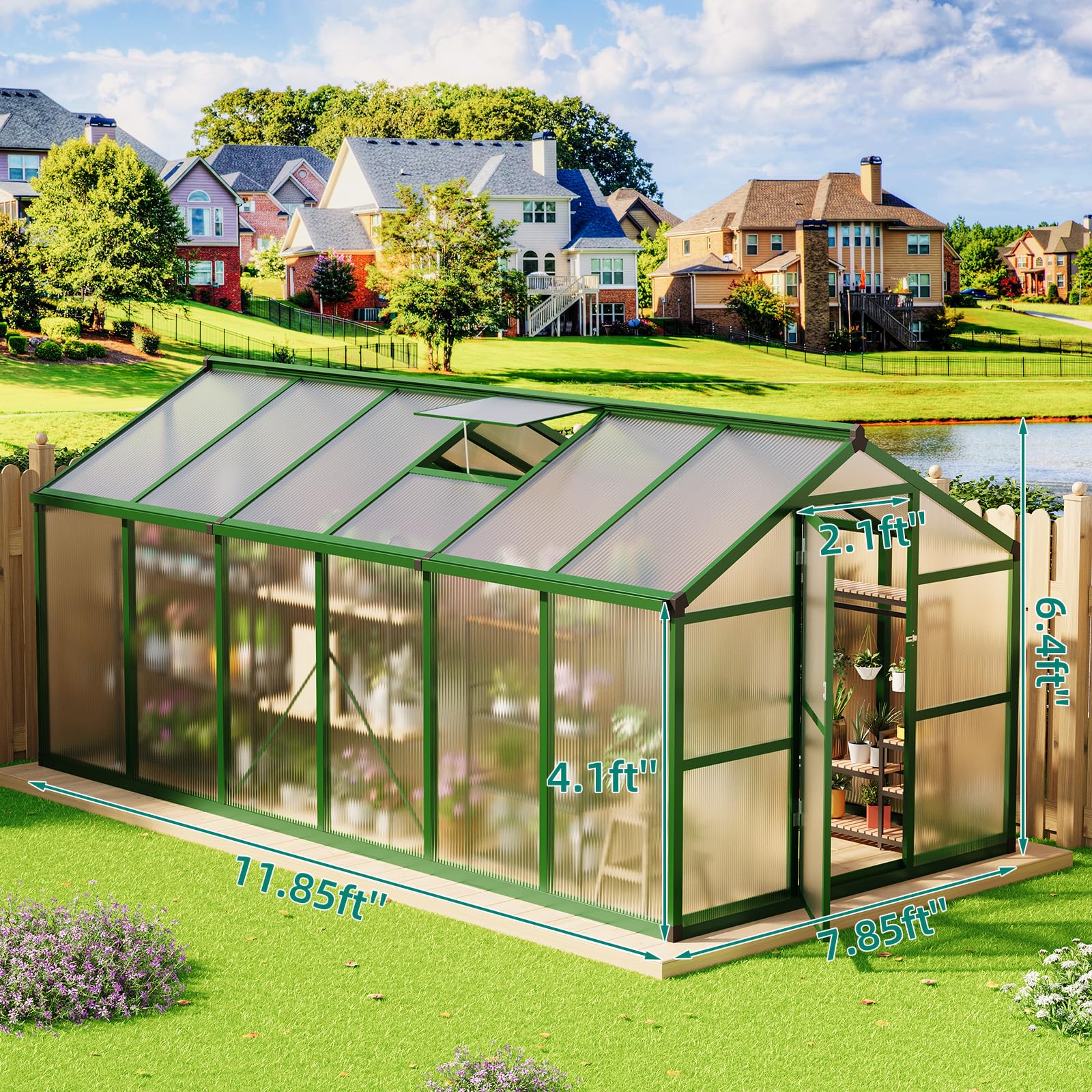 Garvee 8' × 12' Polycarbonate Greenhouse, Walk-In Garden House with Roof Vent, Green
