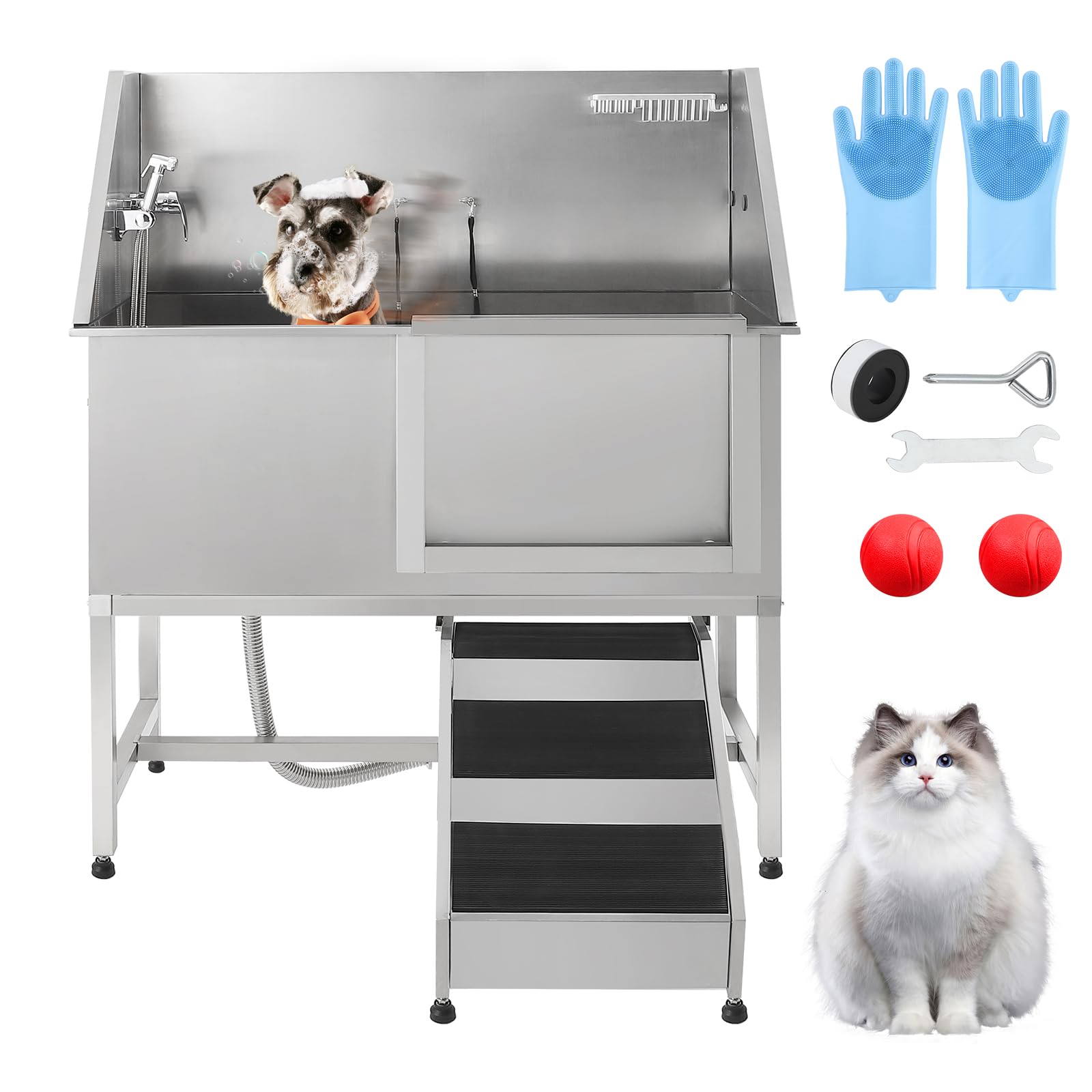 Garvee Pet Dog Bathing Station 60" Stainless Steel Grooming Tub with Adjustable Height & Stairs, Soap Box, Faucet for Large to Small Dogs, Home Use