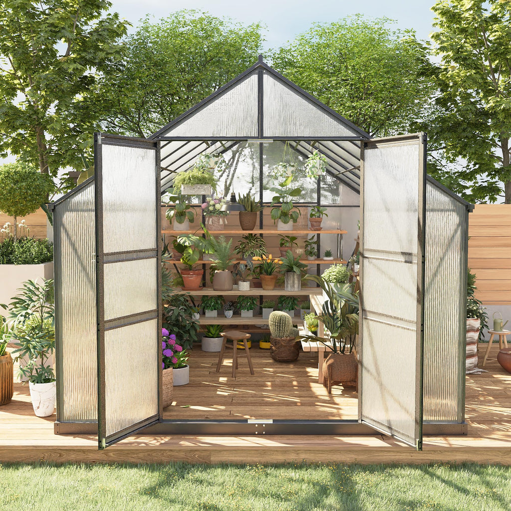 Garvee 8x12 FT Outdoor Walk-in Greenhouse with Polycarbonate Panels, Vent Roof, Windproof Aluminum Frame, Rain Gutters, for Backyard Gardening