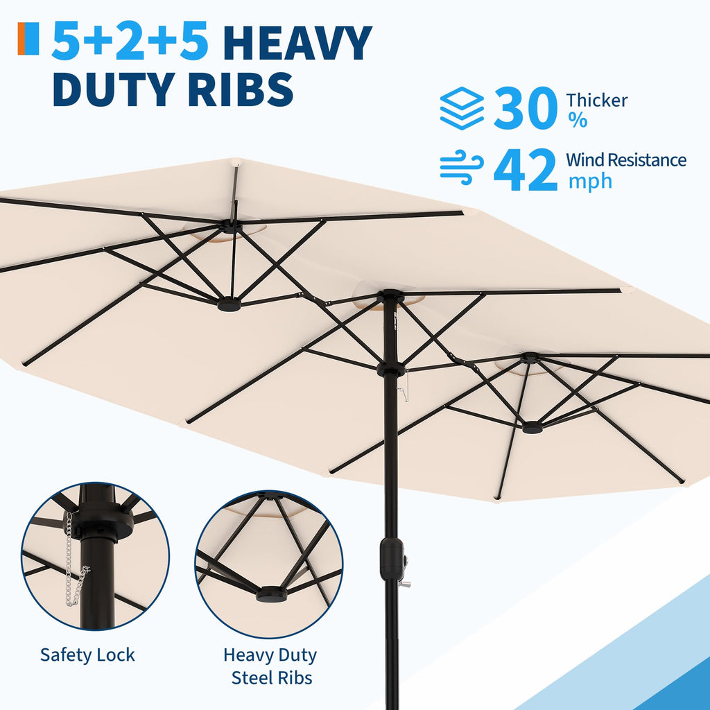 Garvee 15ft Double-Side Rectangular Pool Umbrella with Base - Large 133 sq ft Shade, Manual Crank, 180G Polyester, Rust-Resistant Steel, Safety Buckle - Patio, Poolside, Backyard