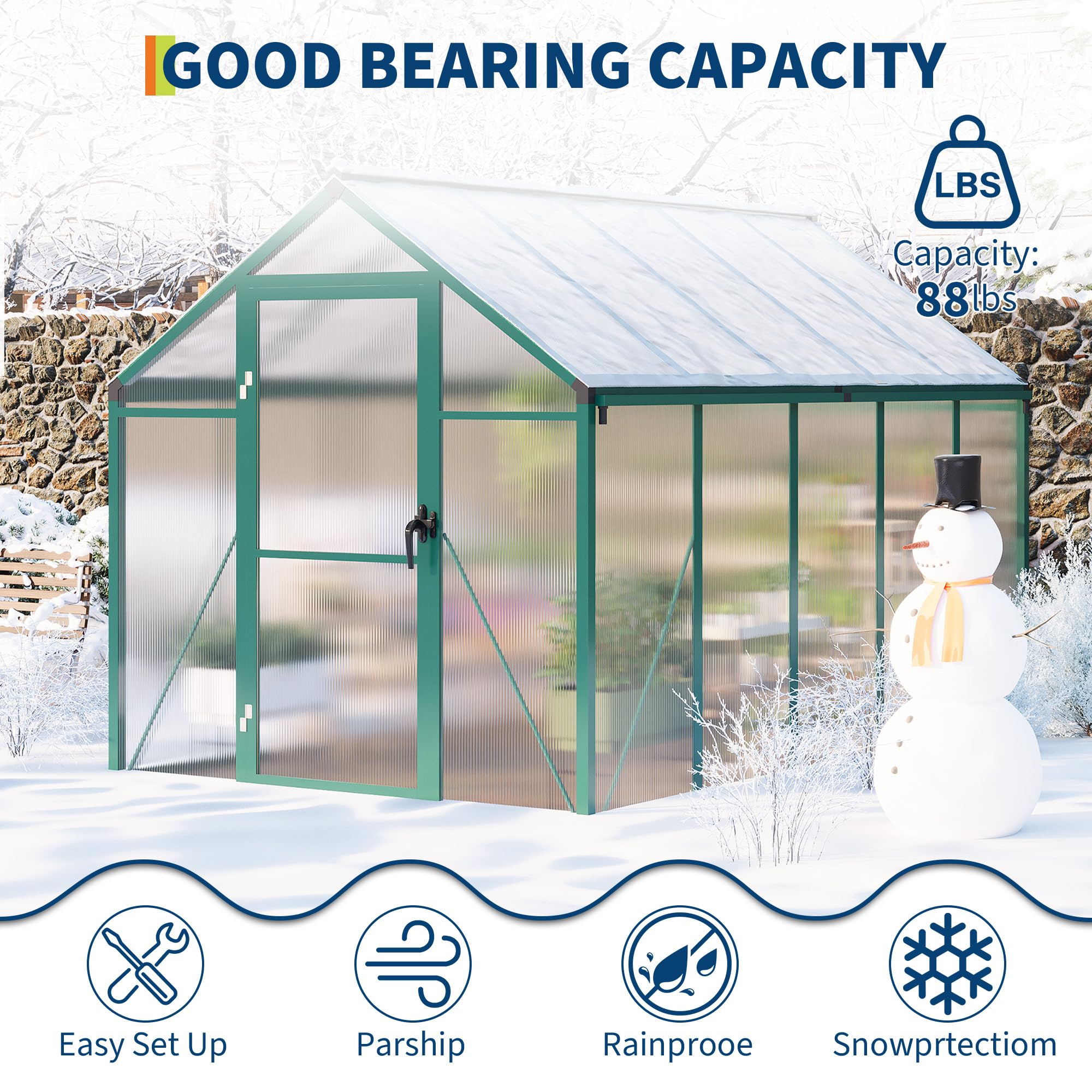 Garvee 6x10 FT Walk-in Greenhouse Polycarbonate Panels Aluminum Frame Roof Vent Ground Nails Backyard Garden