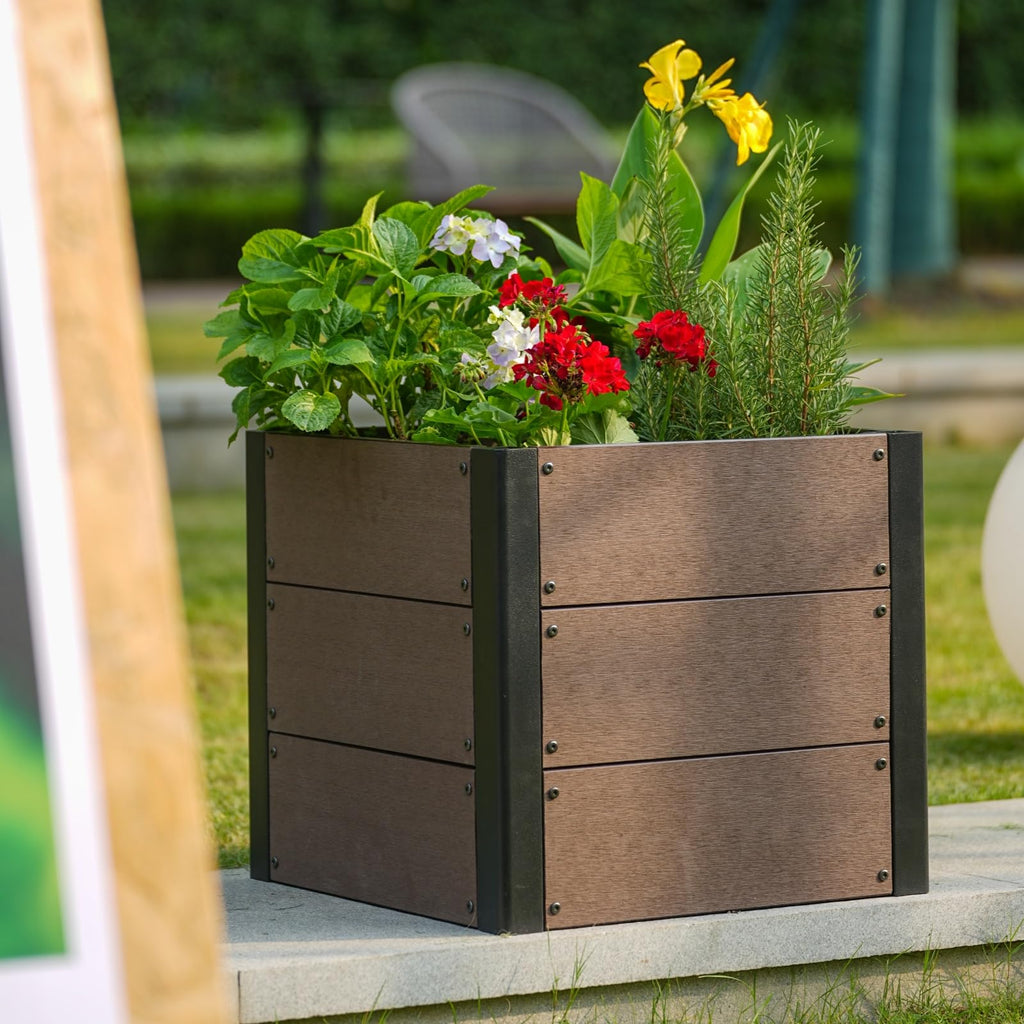 Garvee 19" × 19" × 17" Wood-Look Composite Raised Garden Bed, Open-Bottom Planter Box for Vegetables & Herbs, Brown