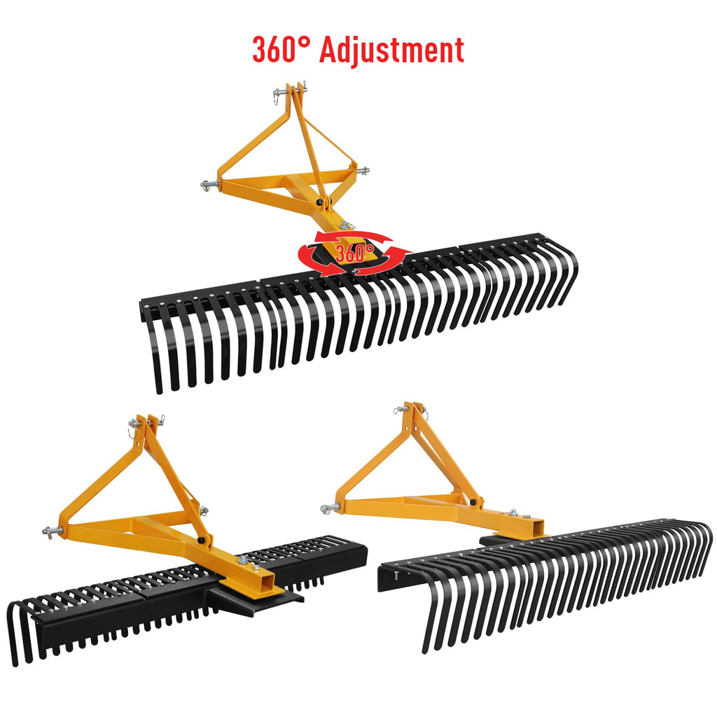 Garvee Landscape Rock Rake 5 FT 3-Point Attach Heavy Duty Steel Tines Rotatable Adjustable Tow-Behind Garden Tractor for Lawn and Field