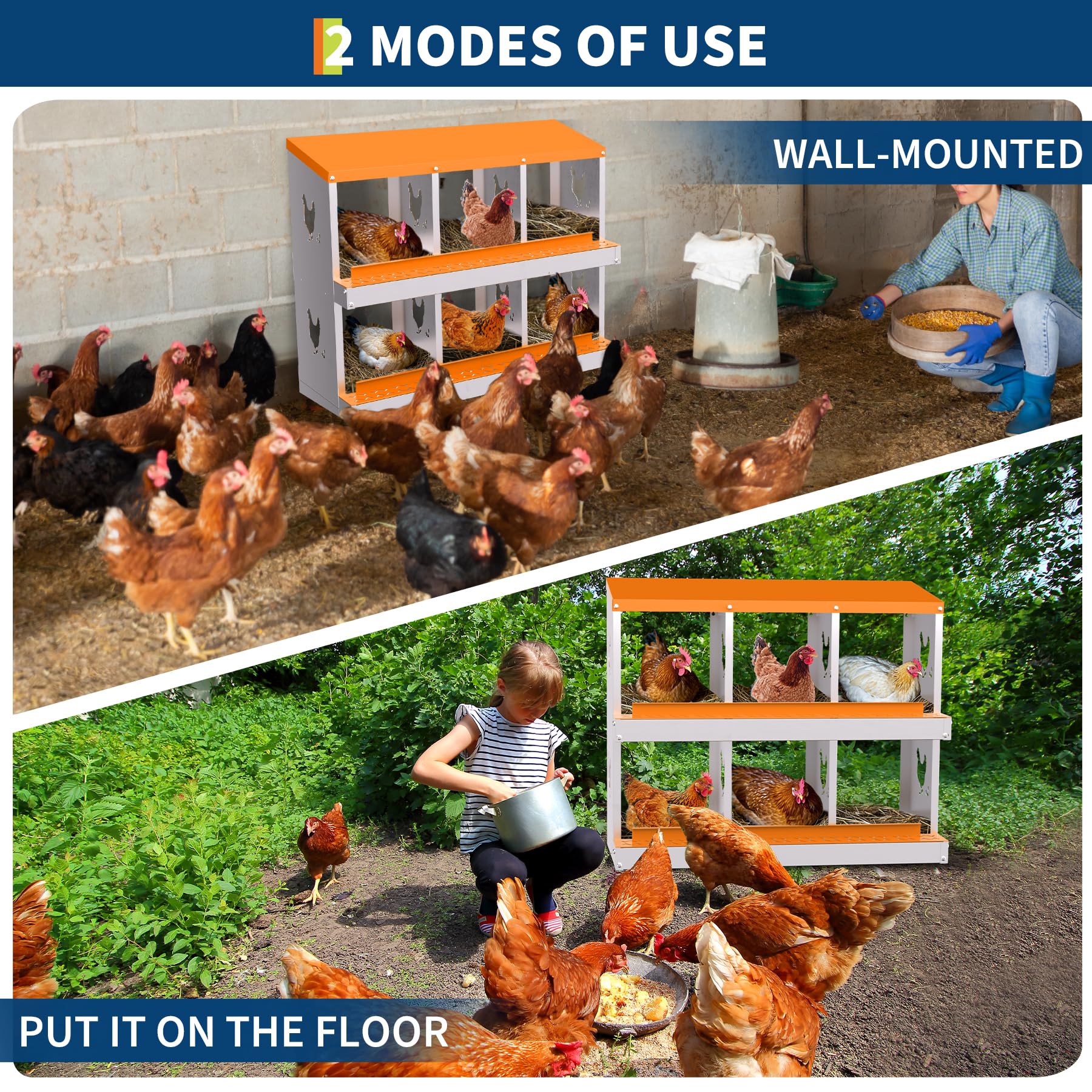 Garvee 6-Hole Chicken Nesting Box Galvanized Steel Rustproof Automatic Egg Collection Ventilated Easy Install Wall or Freestanding for Chicken Coop Orange