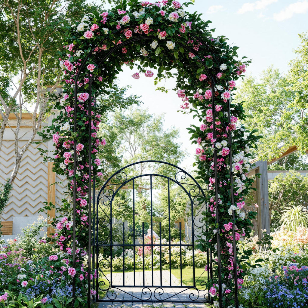 Garvee 8FT Heavy Duty Garden Arch Trellis with Gate, Powder Coated Steel Arbor for Climbing Roses, Vines & Plants, Weather-Resistant Outdoor Wedding Arch with Stakes for Quick Setup
