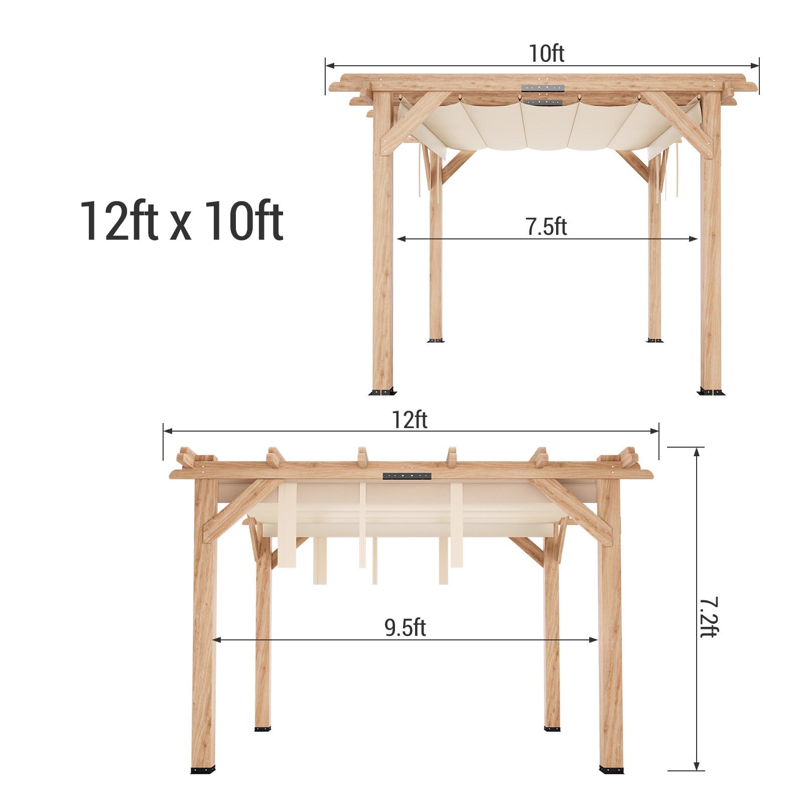 Garvee 10x12 FT Cedar Wood Pergola with Retractable Oxford Fabric Roof, Waterproof, Durable Outdoor Patio Gazebo for Backyard Relaxation