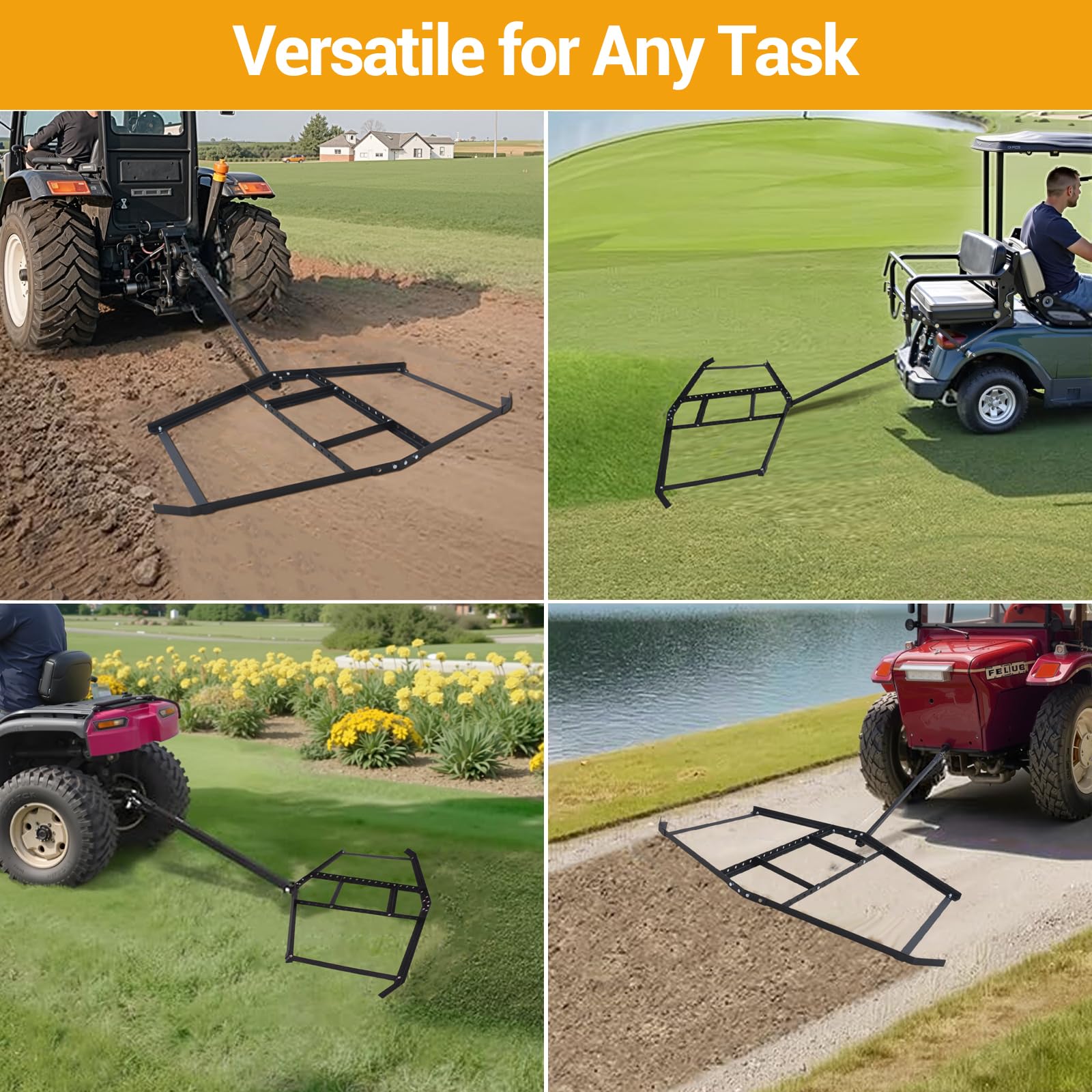 Garvee Driveway Drag 66" Steel Drag Harrow Heavy-Duty Rust-Resistant Adjustable Bars Pin-Style Hitch Tow Behind ATV UTV Garden Tractor Yard Leveling