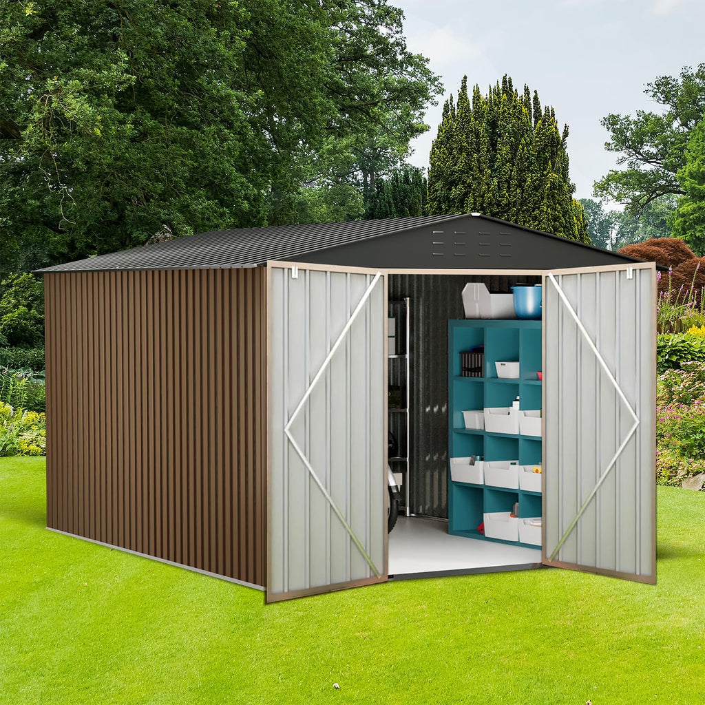 Garvee Outdoor Storage Shed 10x12 FT Metal Large Lockable Doors Waterproof Roof Sturdy Frame Brown Grey Patio Backyard Garage