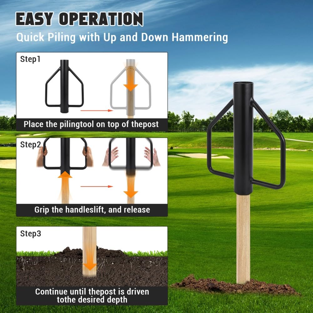 Garvee Fence Post Driver 12LB Carbon Steel Heavy Duty Ergonomic Handles Rust Resistant 3in Diameter Farm Fencing Construction