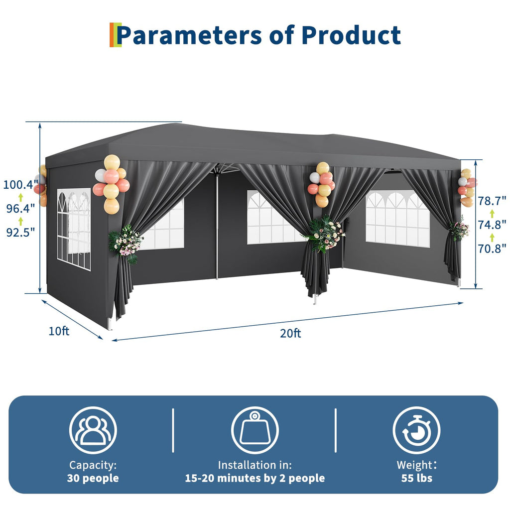 Garvee 10x20 Heavy Duty Pop Up Canopy Tent with 6 Removable Sidewalls, Adjustable 3 Heights, 210D Oxford Cloth, Waterproof, Stakes & Ropes, Outdoor Events