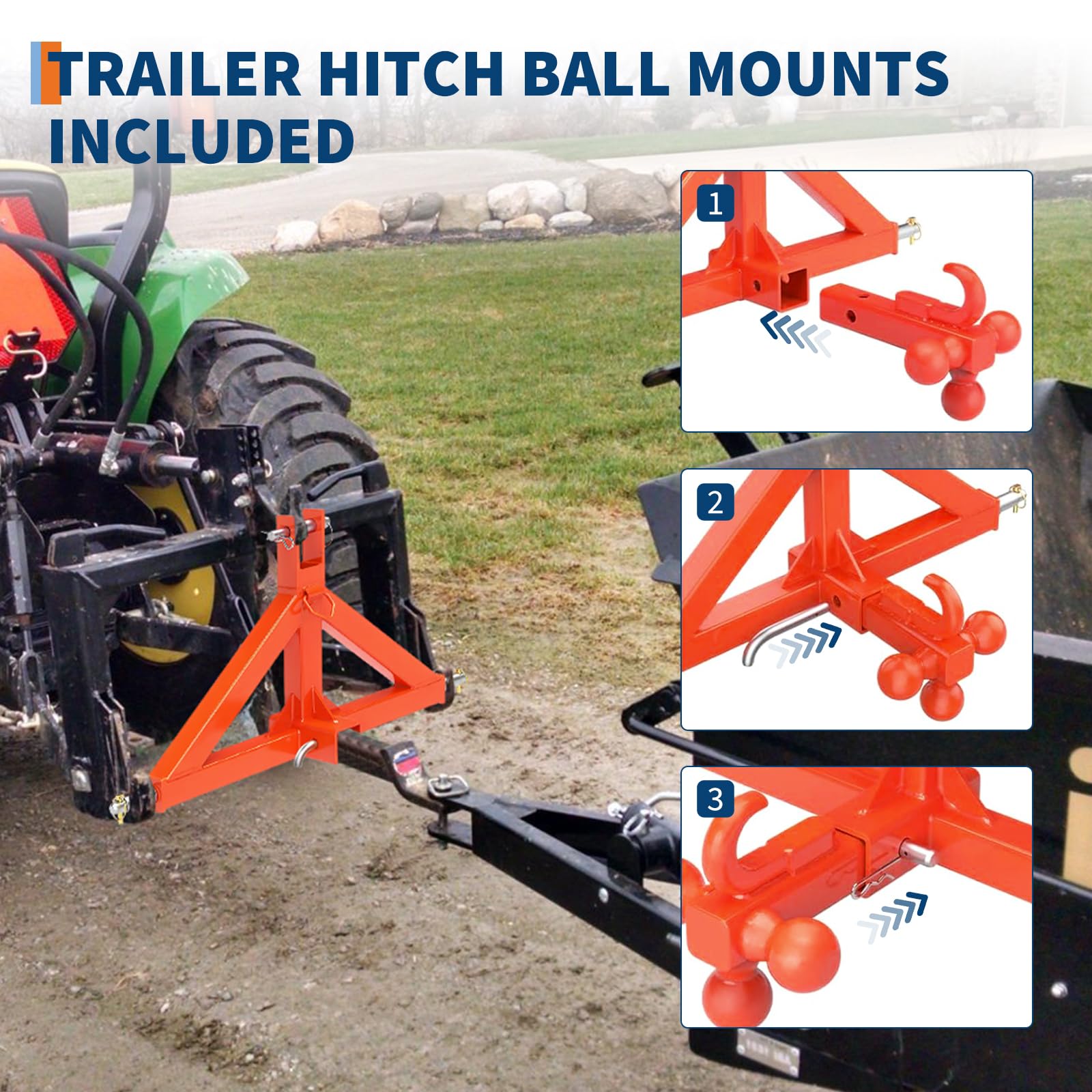 Garvee 3 Point Trailer Hitch for Tractor with 2" Receiver and Towing Ball, Heavy Duty Steel, Quick Hitch Compatible, Category 1, Compact & Full-Size Tractors