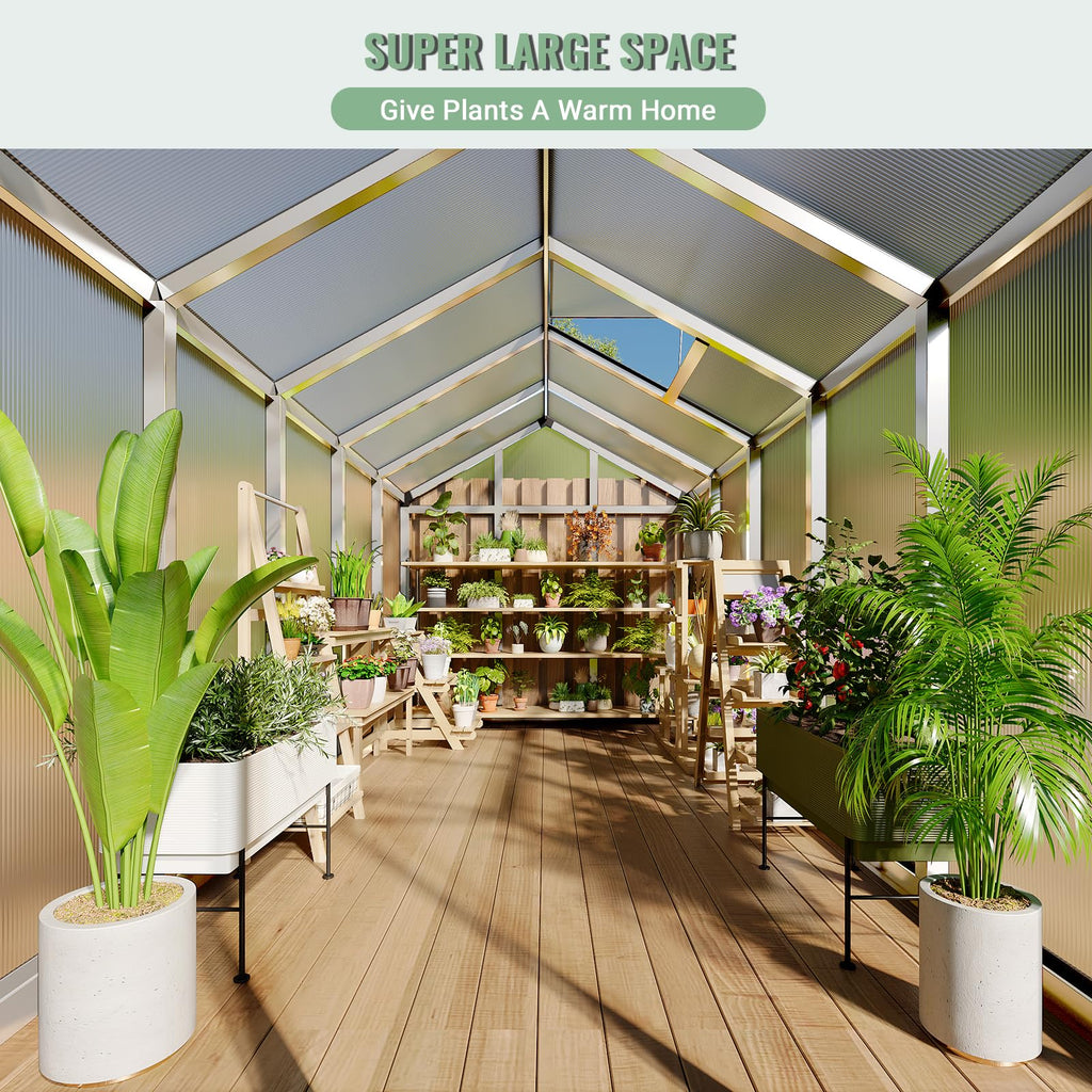 Garvee 6x10 FT Polycarbonate Greenhouse with Aluminum Frame, Lockable Door, Adjustable Roof Vent, Water Gutter System for Backyard Garden