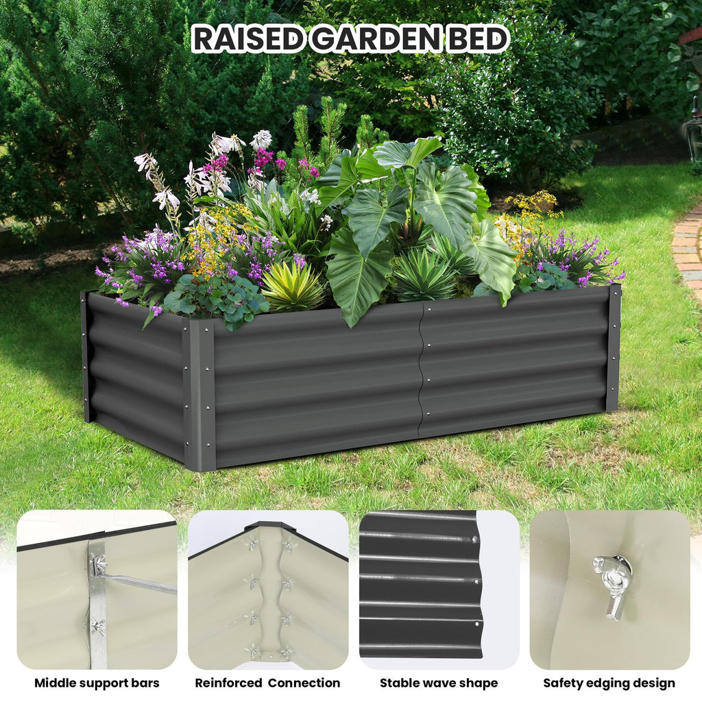Garvee Galvanized Raised Garden Bed 6x3ft Metal Wave Design Heavy-Duty Steel Open Bottom Drainage Multiple Heights Outdoor Gardening