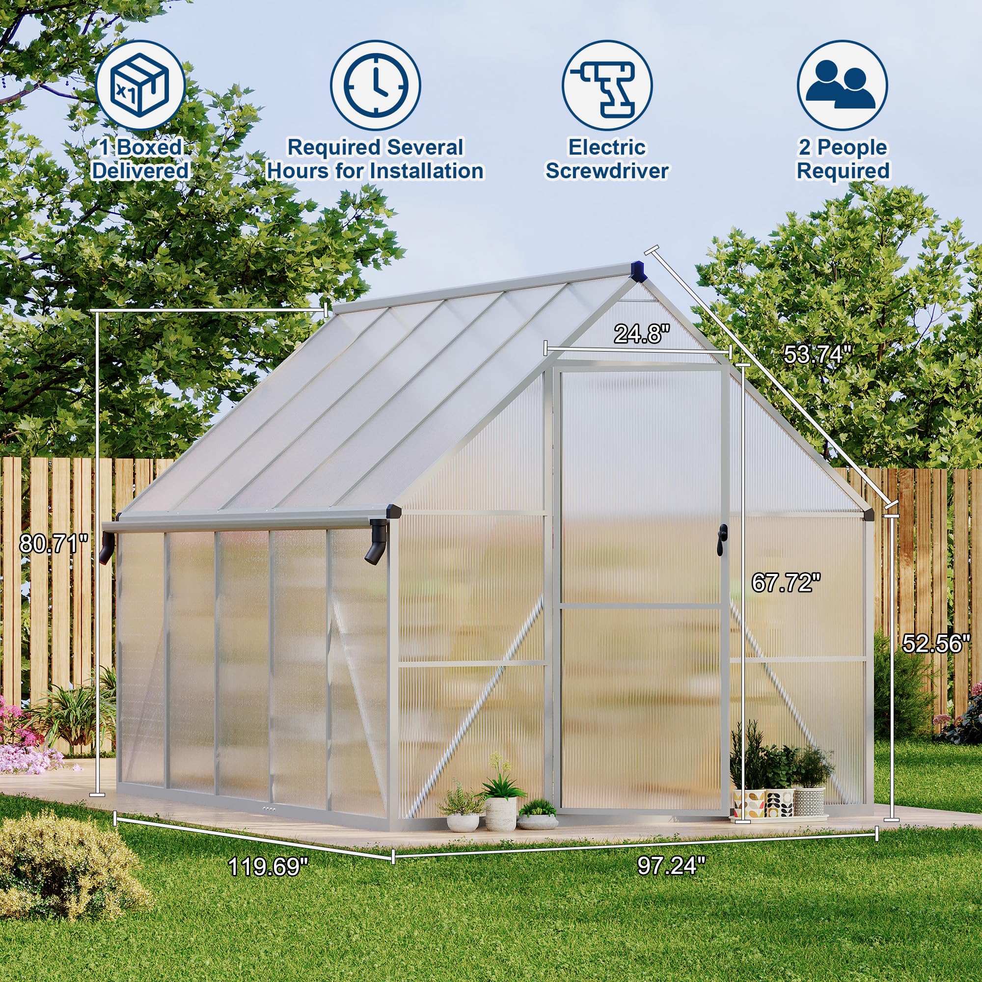 Garvee 8' × 10' Polycarbonate Greenhouse, Walk-In Aluminum Greenhouse with Lockable Door, Roof Vent, Rain Gutters & Reinforced Frame, Silver