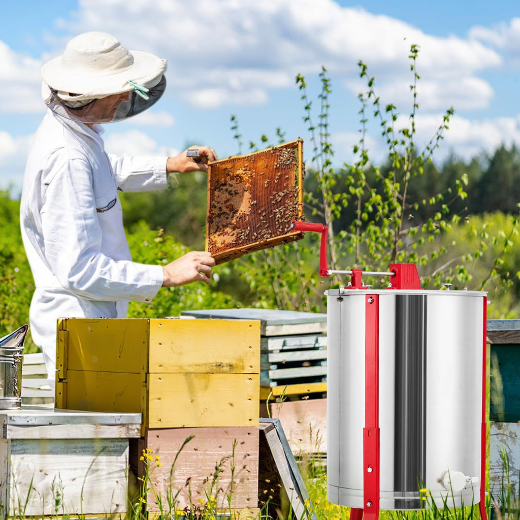 Garvee Manual Honey Extractor 4-Frame Stainless Steel with Adjustable Legs Transparent Lid Beekeeping Tool for Apiaries