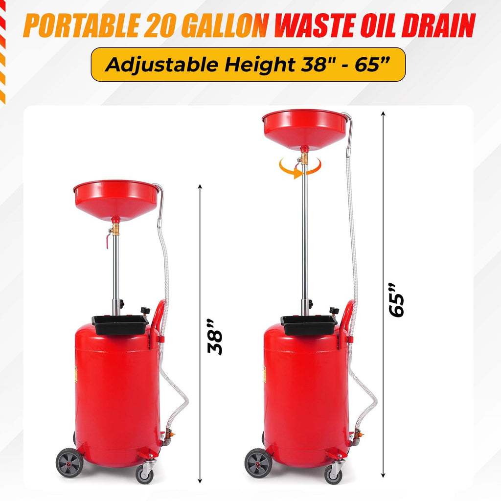 Garvee 20 Gallon Portable Waste Oil Drain Tank with Wheels, Adjustable Funnel Height, Steel Construction, Pressure Valve, for Auto Repair Shops