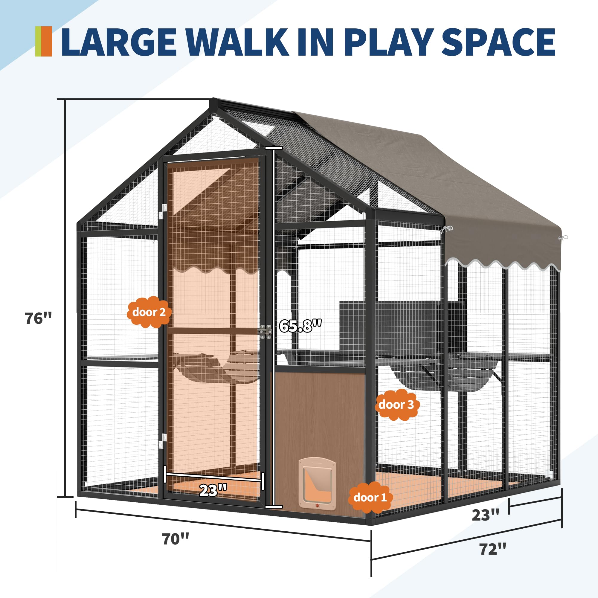 Garvee Catio Outdoor Cat Enclosure, Large Catio with Weatherproof Roof, Channels & Side Door, UV Proof Cover, Huge Condo, Platform, Aluminum Outdoor Cat Enclosure, 70"Lx72"Wx76"H