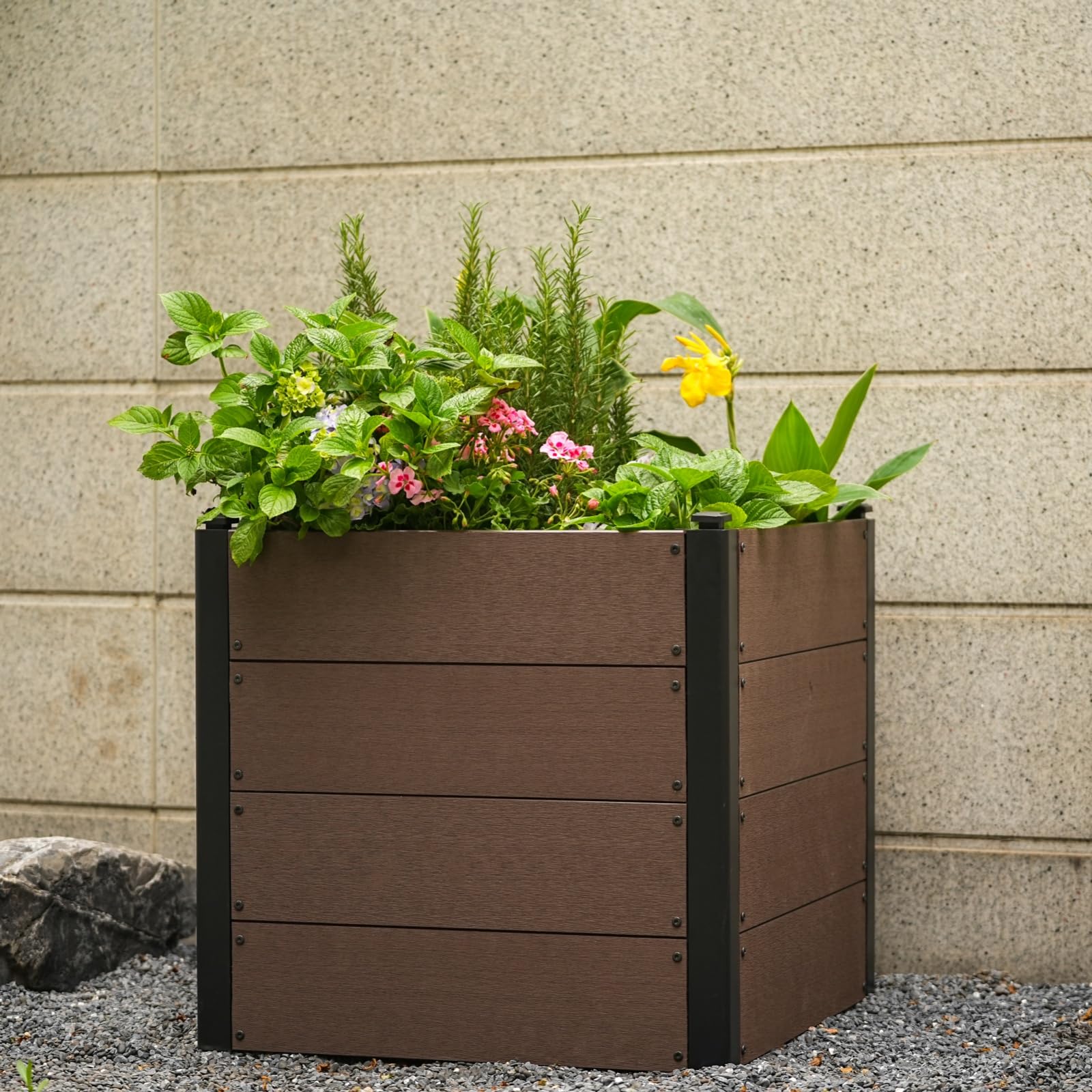 Garvee 25" × 25" × 23" Wood-Look Composite Raised Garden Bed, Open-Bottom Planter Box for Vegetables & Herbs, Brown