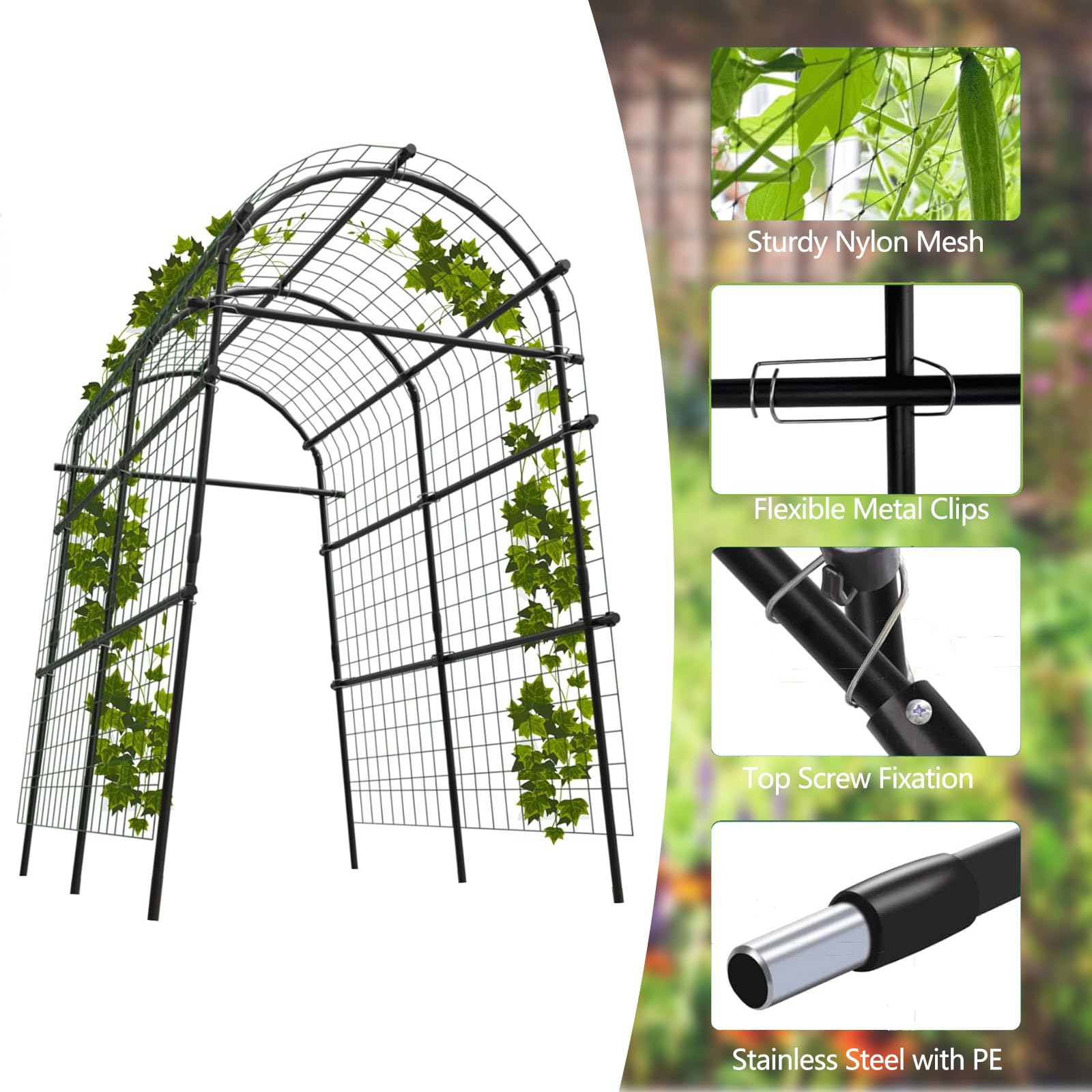 Garvee 7.5FT Garden Arch Trellis with Netting, Adjustable Metal Plant Support for Climbing Vines, Roses, Cucumbers & Raised Beds, Black