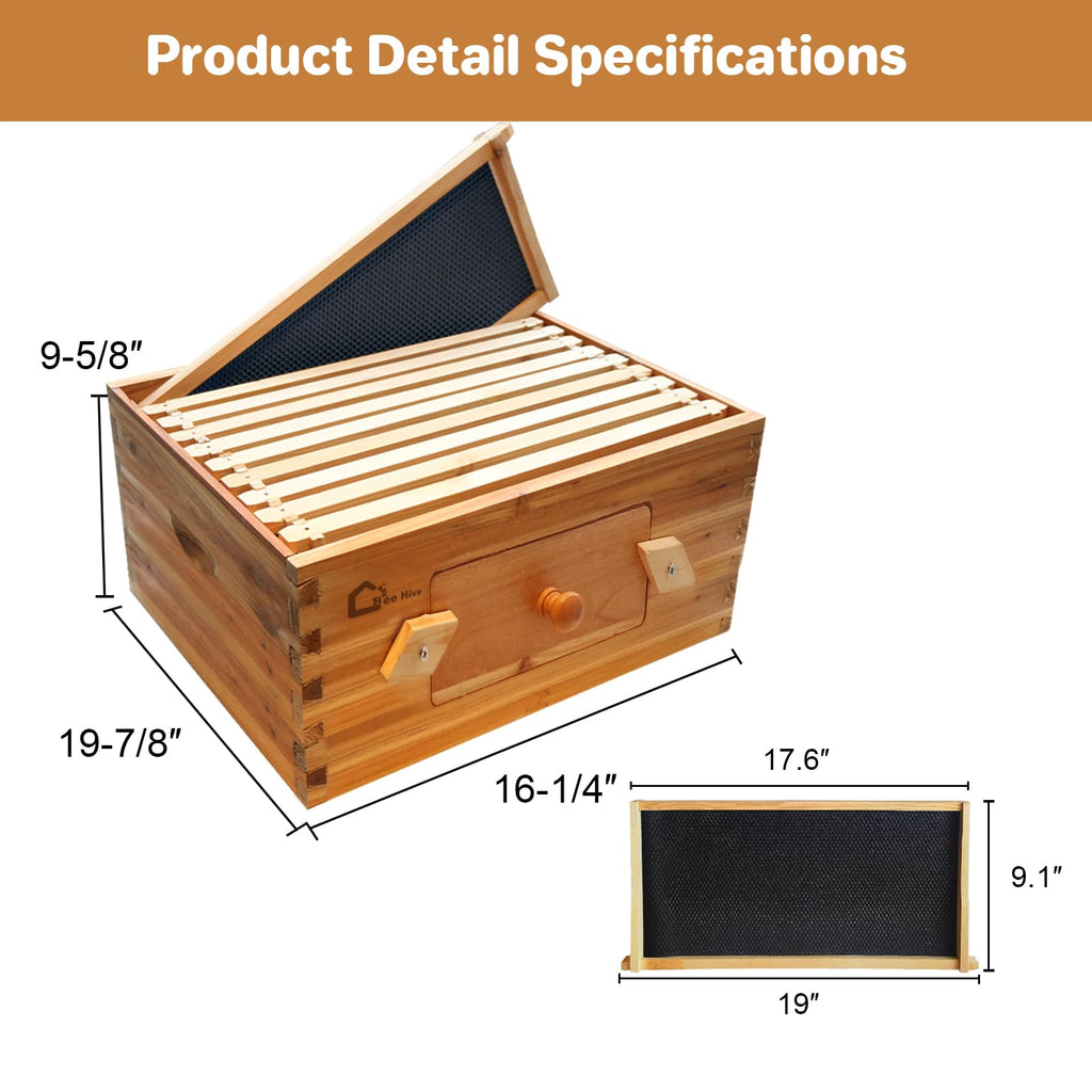 Garvee 10-Frame Deep Brood Bee Hive Box Langstroth Compatible Transparent Acrylic Window Heavy-Duty Beeswax Coated Cedarwood Durable Outdoor Beekeeping