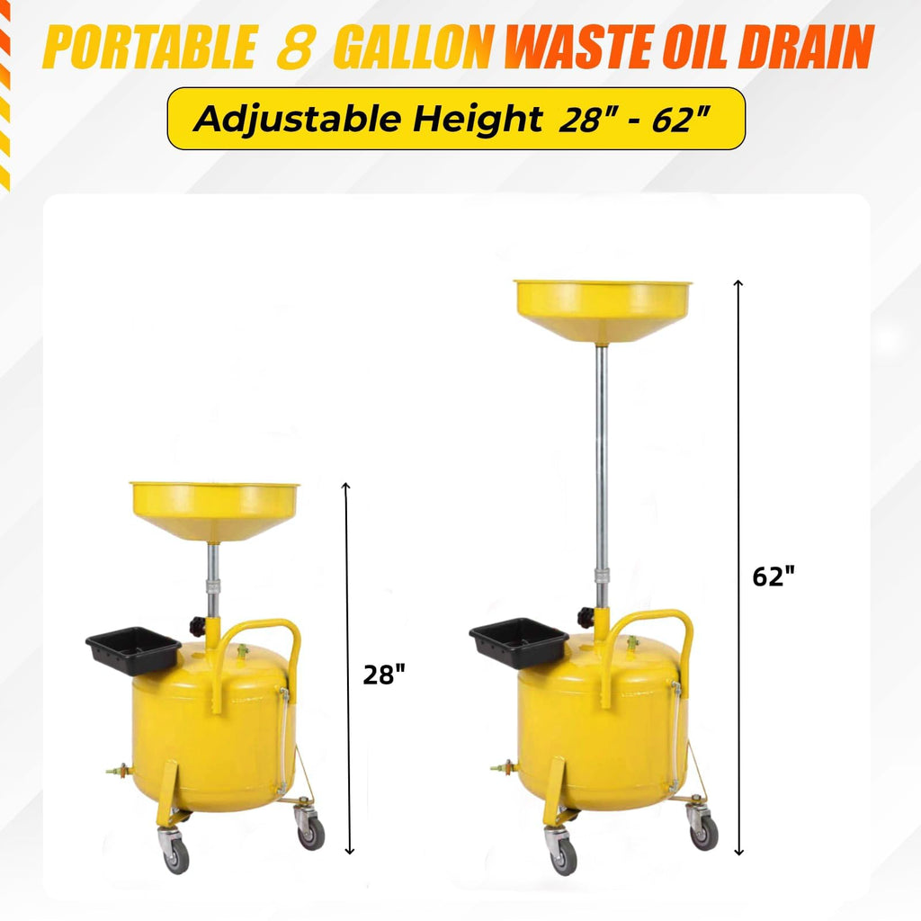 Garvee 8 Gal Portable Waste Oil Drain Change Tank, 15 in Funnel, Adjustable Height 28"-62", 360° Wheels, Built-in Toolbox for Easy Use, Yellow