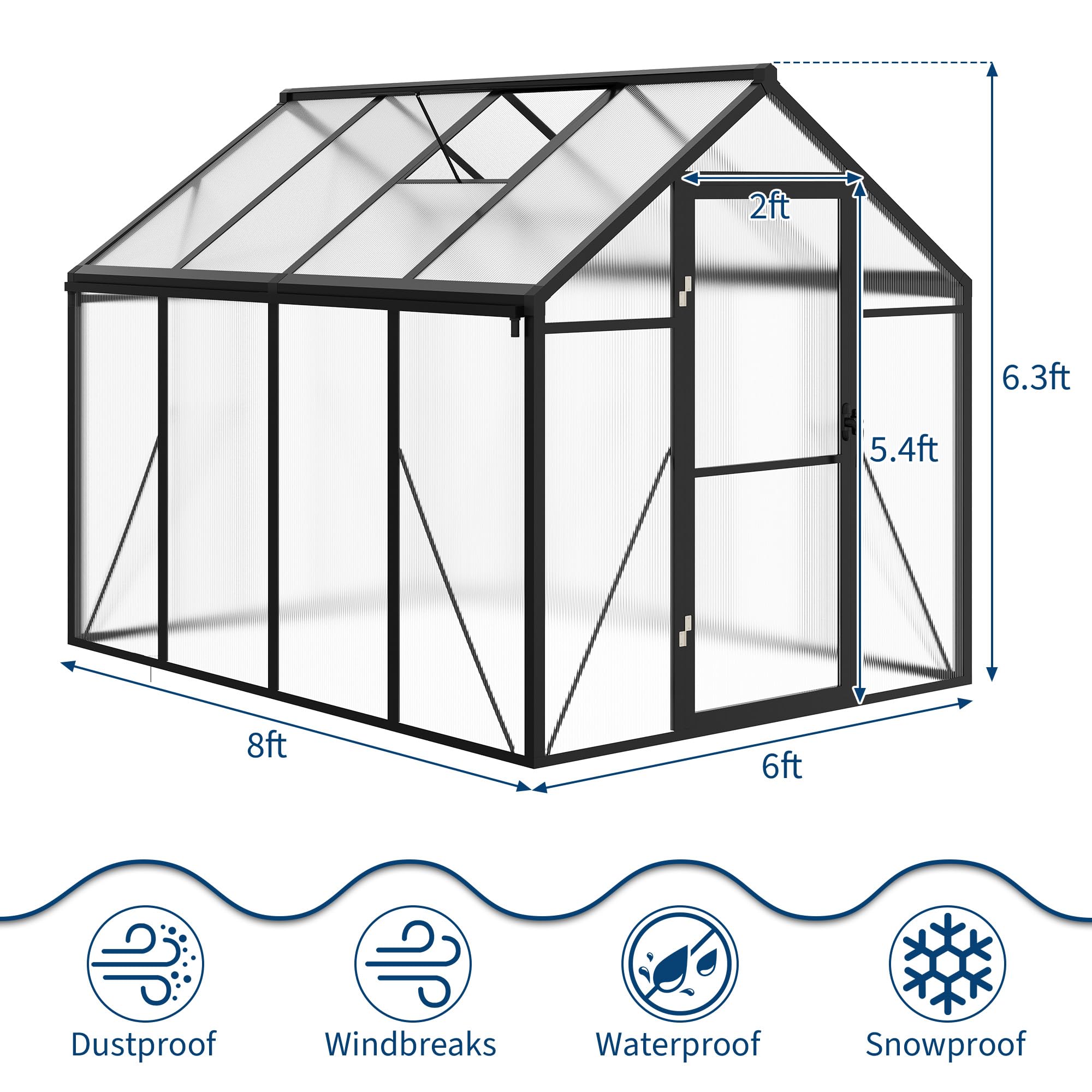 Garvee 6x8 FT Polycarbonate Greenhouse for Outdoors with Roof Vent & Lockable Push Door, Aluminum Frame, Ground Nails, Rain Gutters, Large Walk-in for Garden Patio Lawn