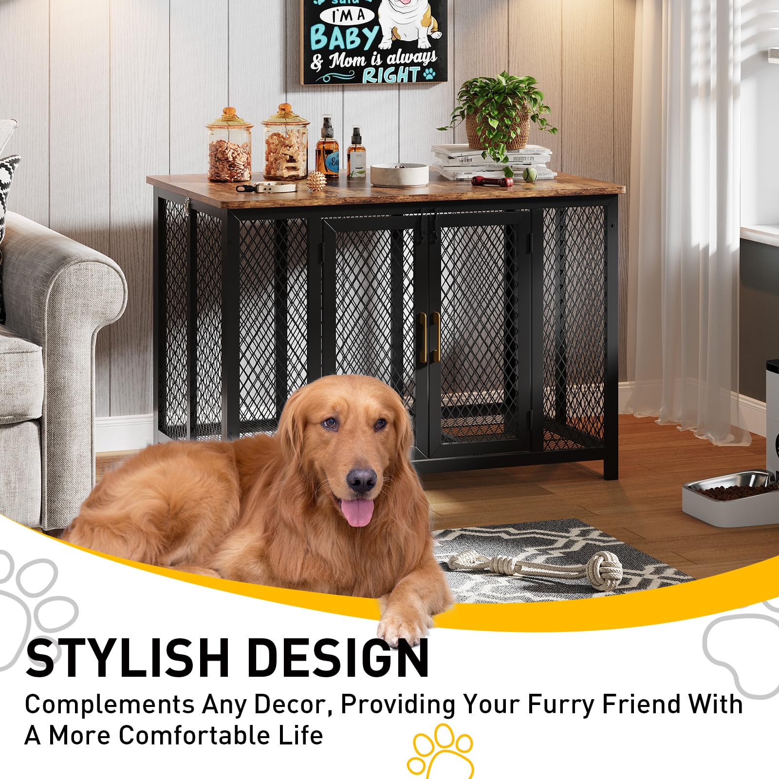 Garvee 48 Inch Large Dog Crate Furniture with Top Access Door, Heavy Duty Dog Crate Wooden Indoor Decorate Pet Cage, Indestructible Pet Dog Kennel for Small, Medium, Large Dogs