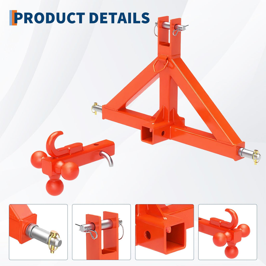 Garvee 3 Point Trailer Hitch for Tractor with 2" Receiver and Towing Ball, Heavy Duty Steel, Quick Hitch Compatible, Category 1, Compact & Full-Size Tractors