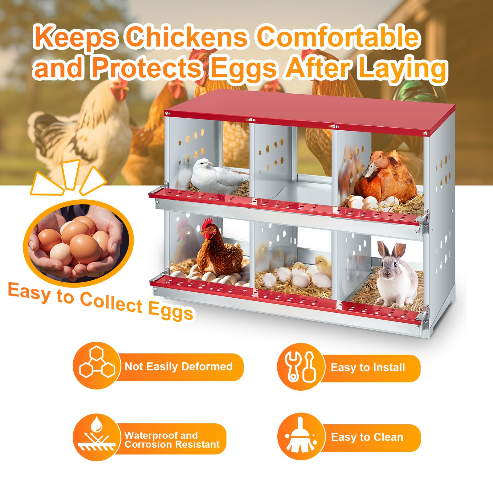 GARVEE 6-Compartment Galvanized Steel Nesting Box - Easy Egg Collection, Ventilated Design for Hens/Ducks/Rabbits Backyard Coop