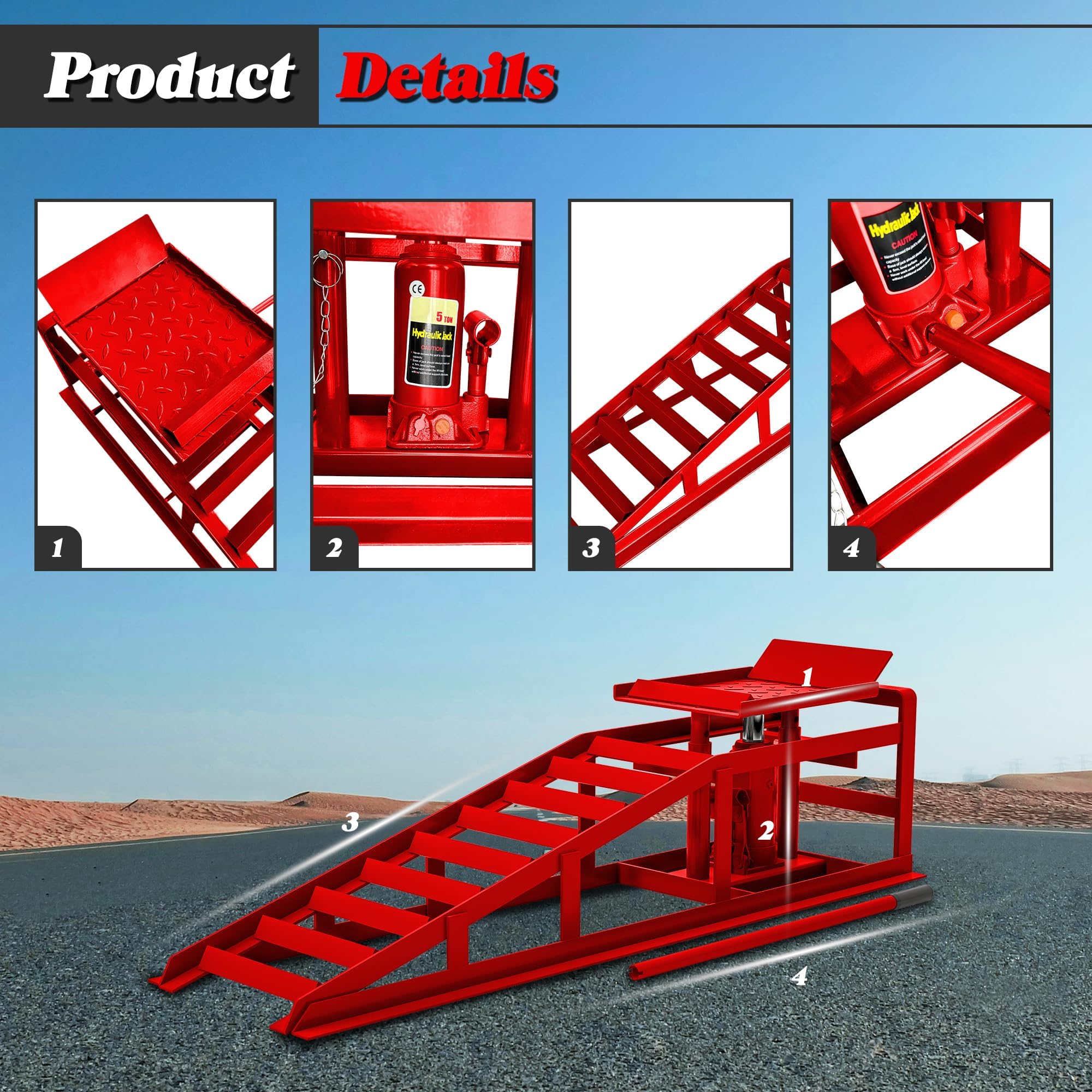 Garvee 2-Pack Hydraulic Car Ramps - 3-Ton Heavy-Duty Steel with Adjustable Height, Wide Incline, and Low Profile for Vehicle Maintenance and Garage Use, Red