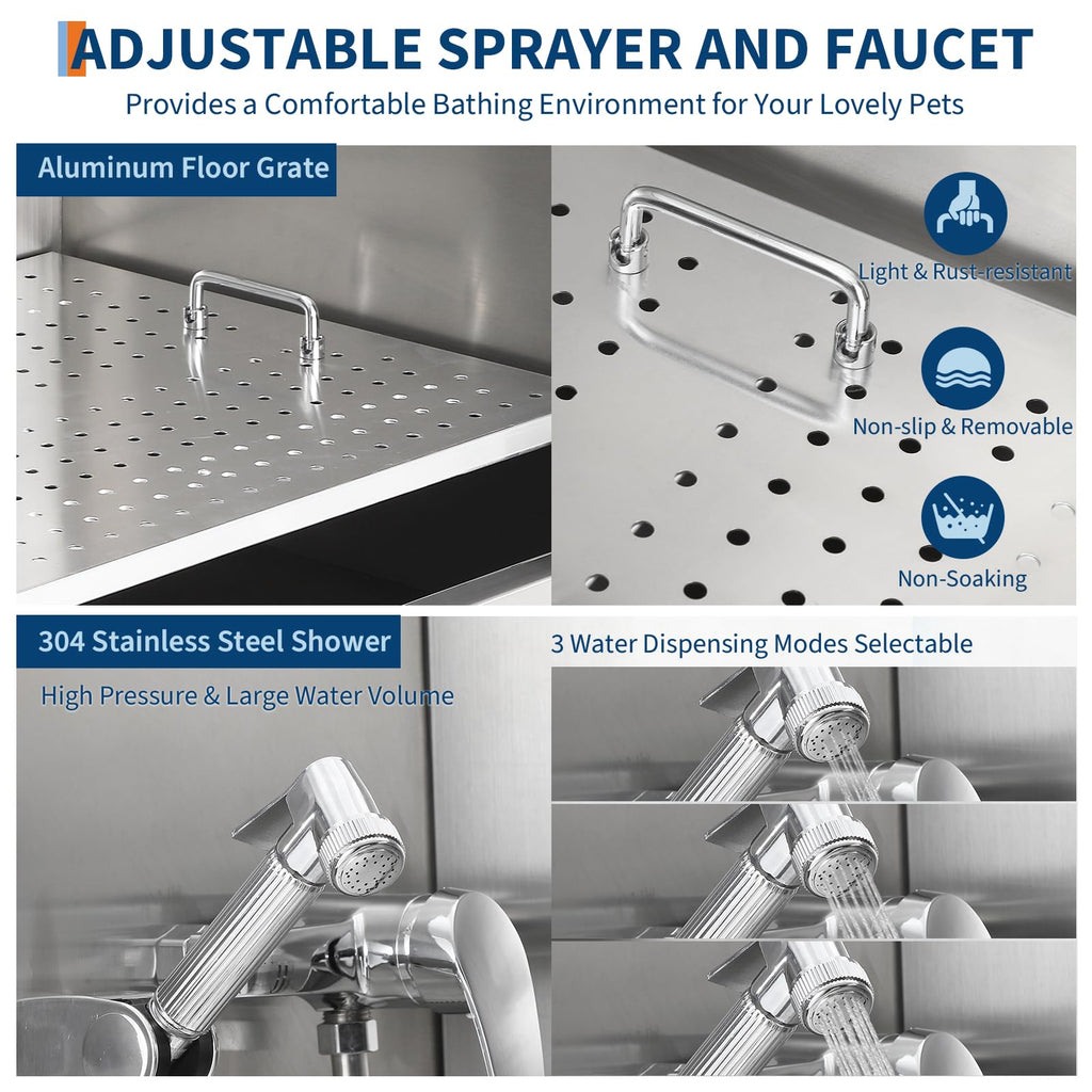Garvee Pet Dog Bathing Station 60" Stainless Steel Grooming Tub with Adjustable Height & Stairs, Soap Box, Faucet for Large to Small Dogs, Home Use