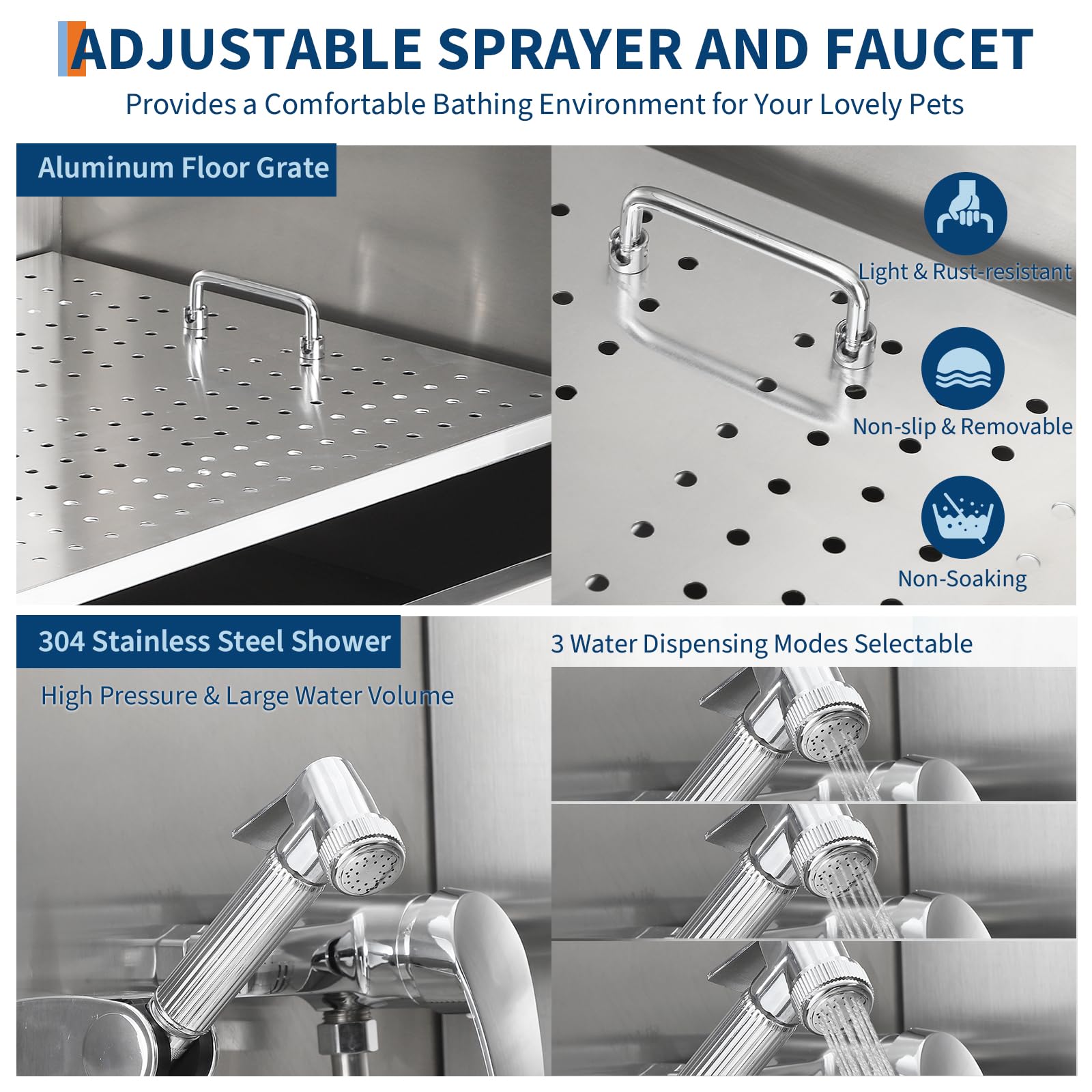 Garvee Pet Dog Bathing Station 60" Stainless Steel Grooming Tub with Adjustable Height & Stairs, Soap Box, Faucet for Large to Small Dogs, Home Use