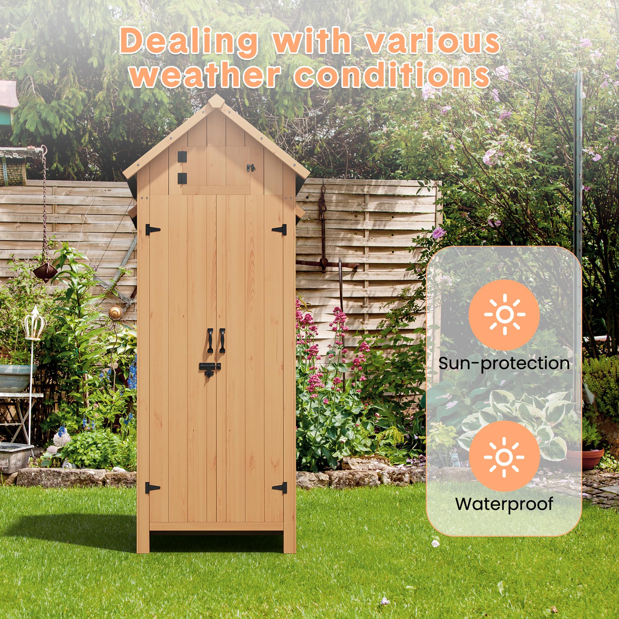 Garvee Outdoor Wooden Storage Shed Waterproof with Lockable Door, Tilt Roof, 3 Shelves, Engineered Wood, Space-Saving Vertical Design for Patio and Garden