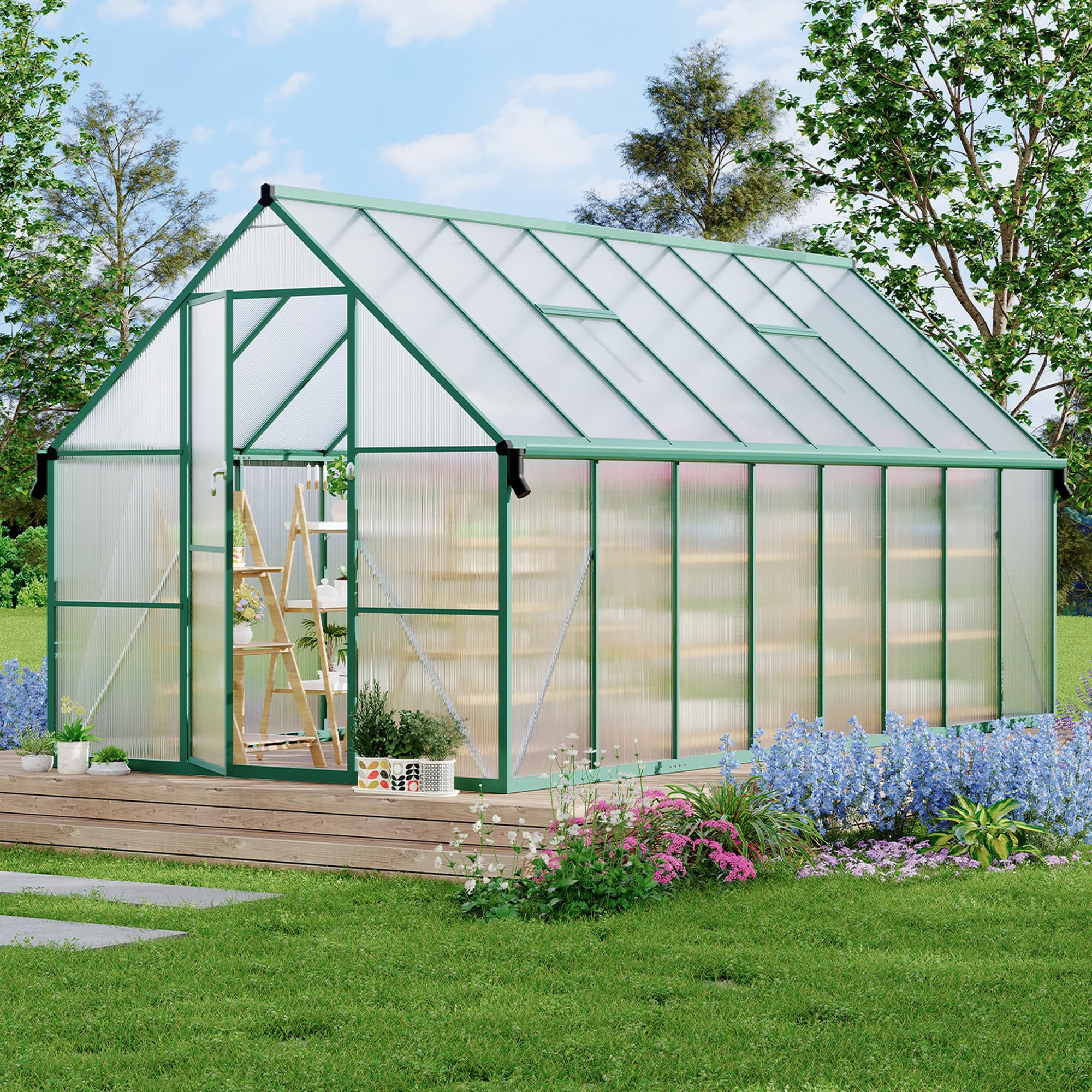 Garvee 8X16FT Polycarbonate Greenhouse with Aluminum Frame, Polycarbonate Greenhouse for Outdoors, Greenhouses with Ventilation and Rain Gutter, Aluminum Large Walk-in Greenhouses for Outside