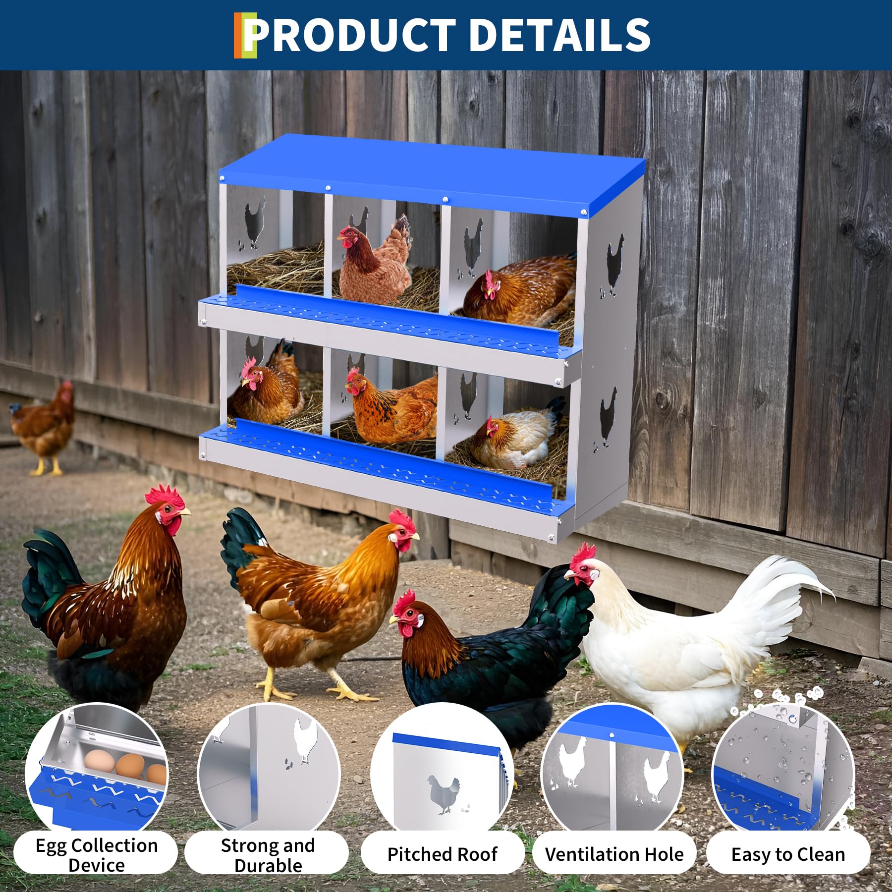 Garvee 6-Hole Chicken Nesting Box Galvanized Steel Rustproof Automatic Egg Collection Ventilated Easy Install Wall or Freestanding for Chicken Coop Blue
