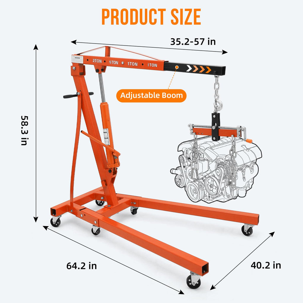 Garvee 2 Ton Folding Hydraulic Engine Hoist with Lever, Heavy-Duty Steel, 6 Wheels, Adjustable Boom, Compact Foldable Design for Garage Workshop