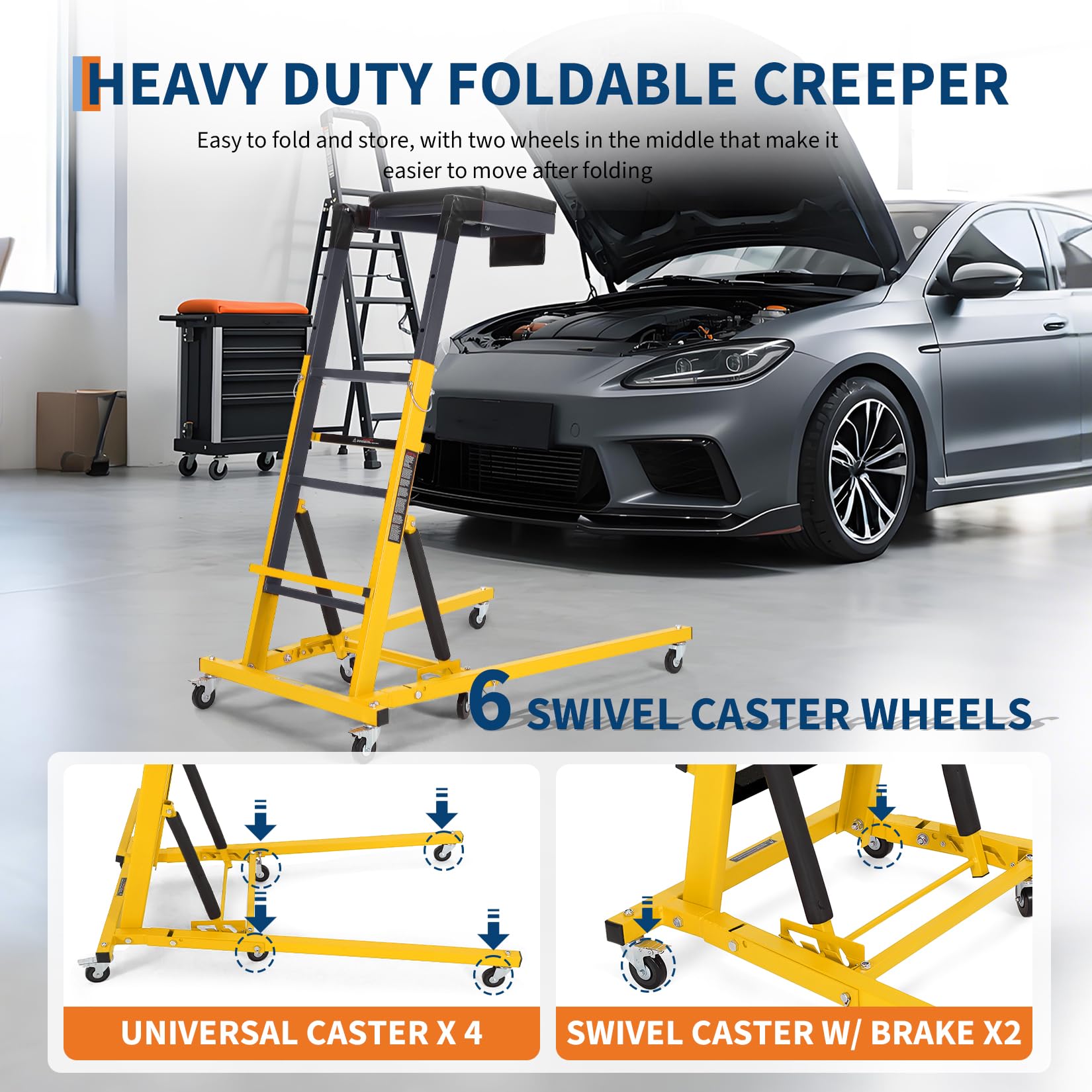 Garvee Automotive Top Creeper Adjustable Height 49.21-68.89" 400 LBS Capacity 6 Swivel Casters Steel Frame Foldable Garage Use