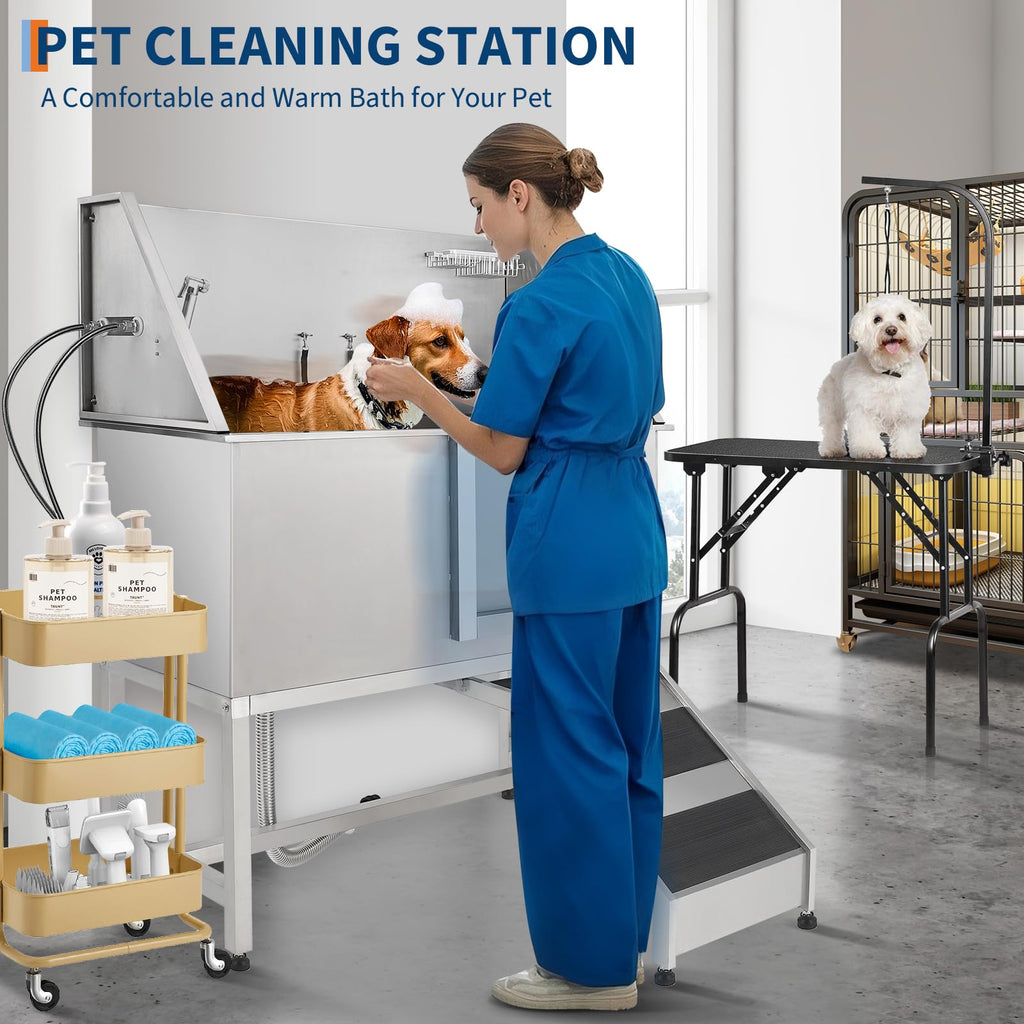 Garvee Pet Dog Bathing Station 60" Stainless Steel Grooming Tub with Adjustable Height & Stairs, Soap Box, Faucet for Large to Small Dogs, Home Use