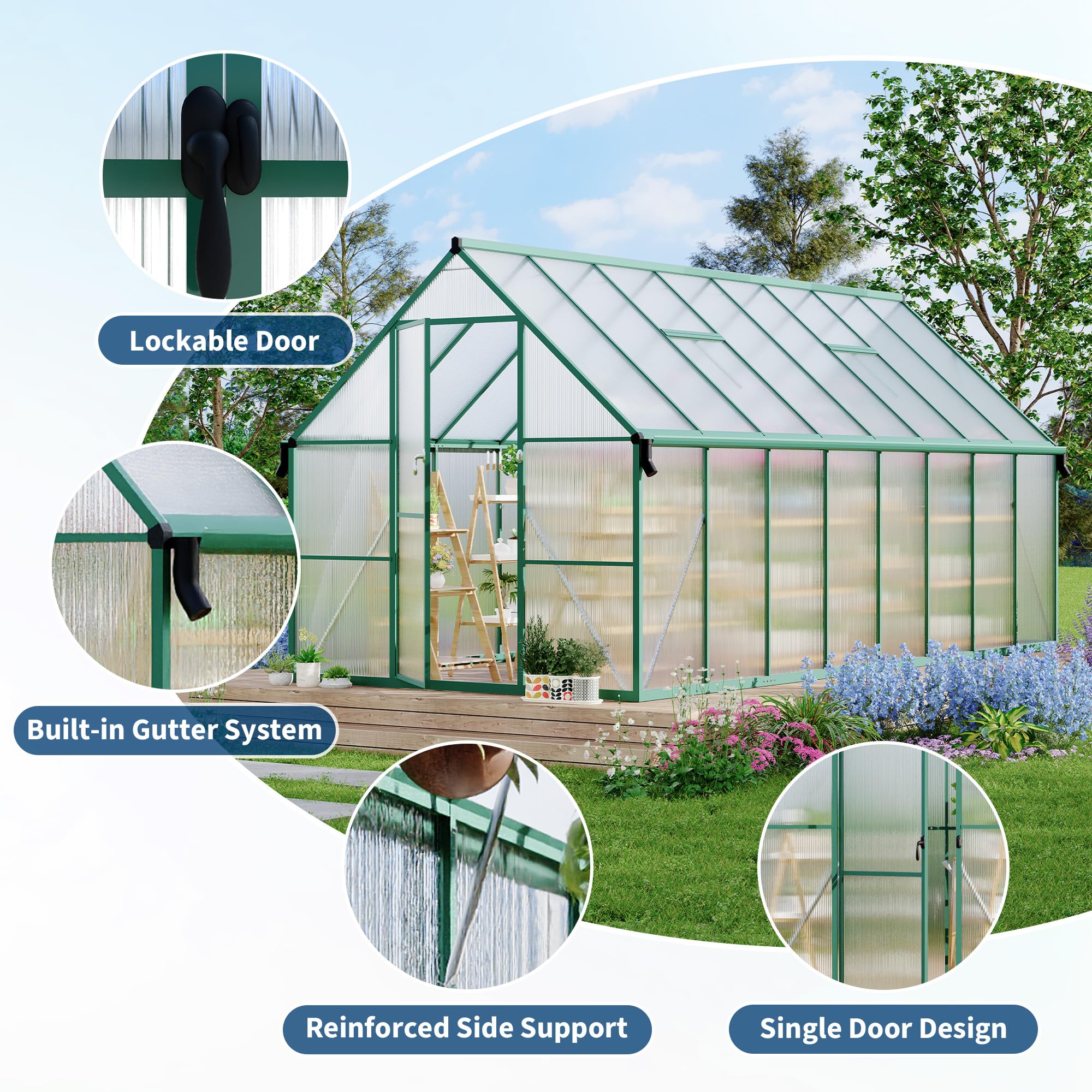 Garvee 8X16FT Polycarbonate Greenhouse with Aluminum Frame, Polycarbonate Greenhouse for Outdoors, Greenhouses with Ventilation and Rain Gutter, Aluminum Large Walk-in Greenhouses for Outside