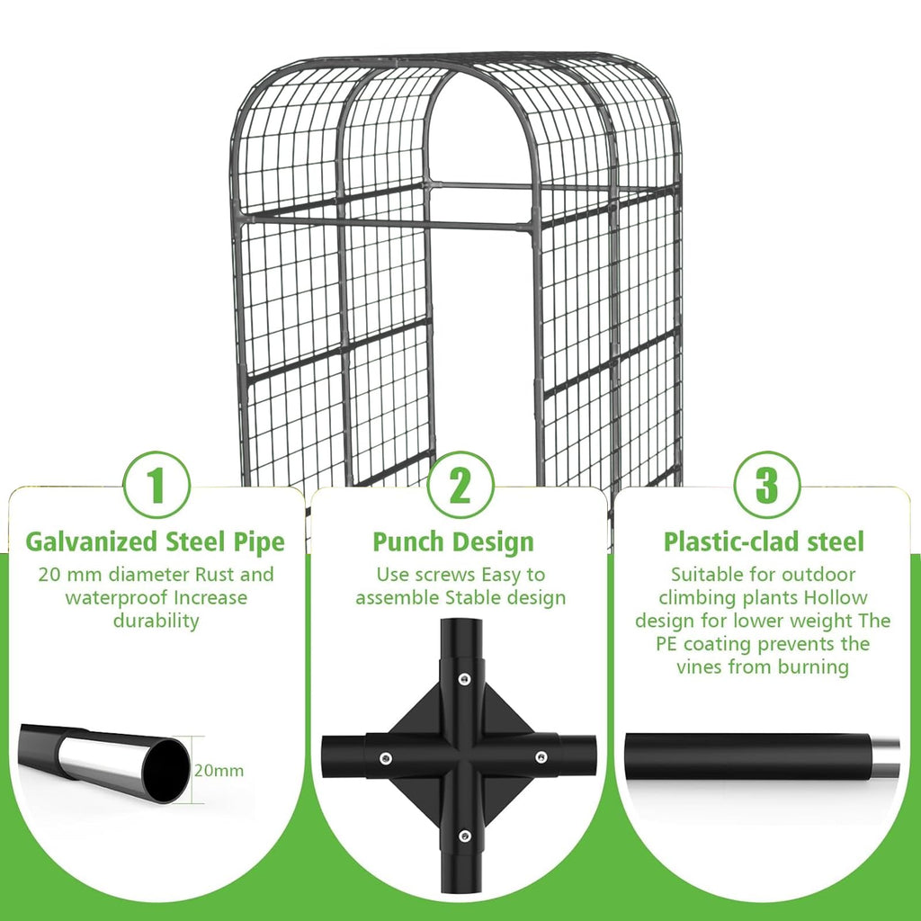 Garvee 7.3Ft Metal Garden Arch Trellis Black Climbing Plant Support Durable Rust-Resistant Steel Plastic Connectors Easy Assembly for Raised Beds