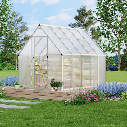Garvee Heavy Duty 6x9 FT Aluminum Polycarbonate Walk-In Greenhouse - Double Swing Doors, Roof Vent, Rain Gutter, High Wind Resistant, Quick Setup, for Outdoor Garden, Silver