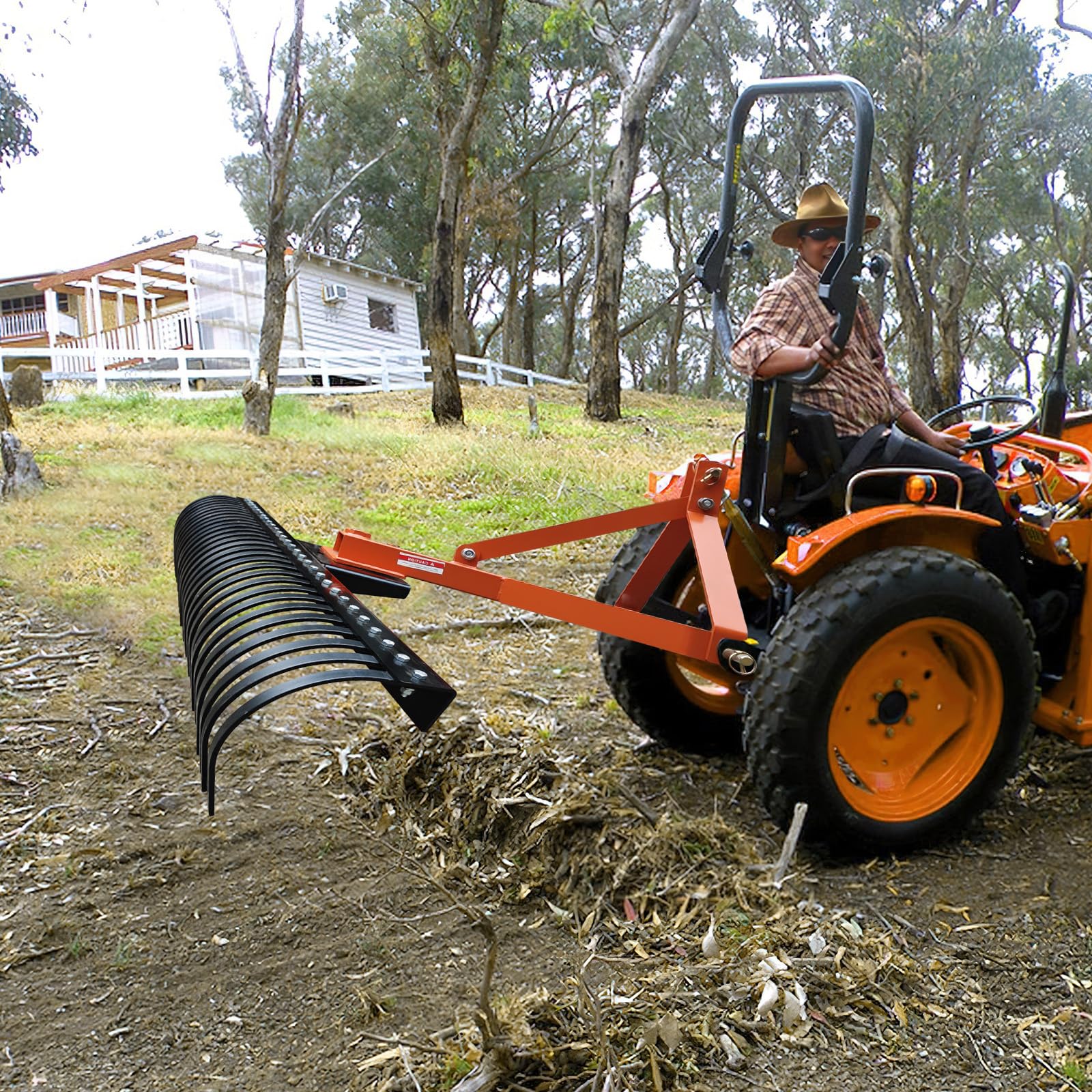 Garvee 5 FT Landscape Rake for Tractors, 3-Point Rock Rake, 360° Rotation, Steel, 30 Tines, Fits Cat 1 & 2, Yard & Farm Use