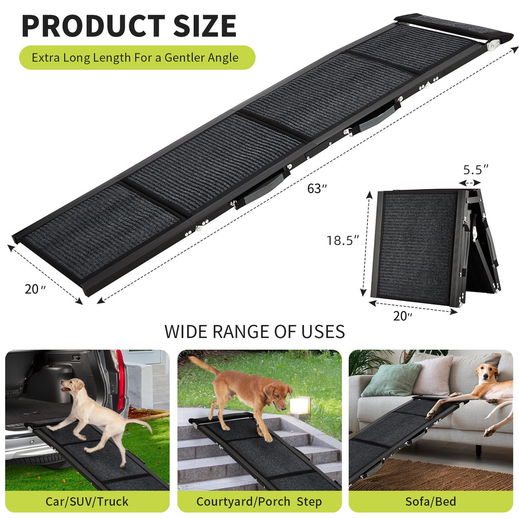 Garvee 63"×20" Portable Aluminum Dog Car Ramp, Folding Pet Ramp for Large Dogs with Non-Slip Surface Portable Dog Car Ramp for SUV Car & Truck, Outdoor Dog Ramp Up to 250 LBS