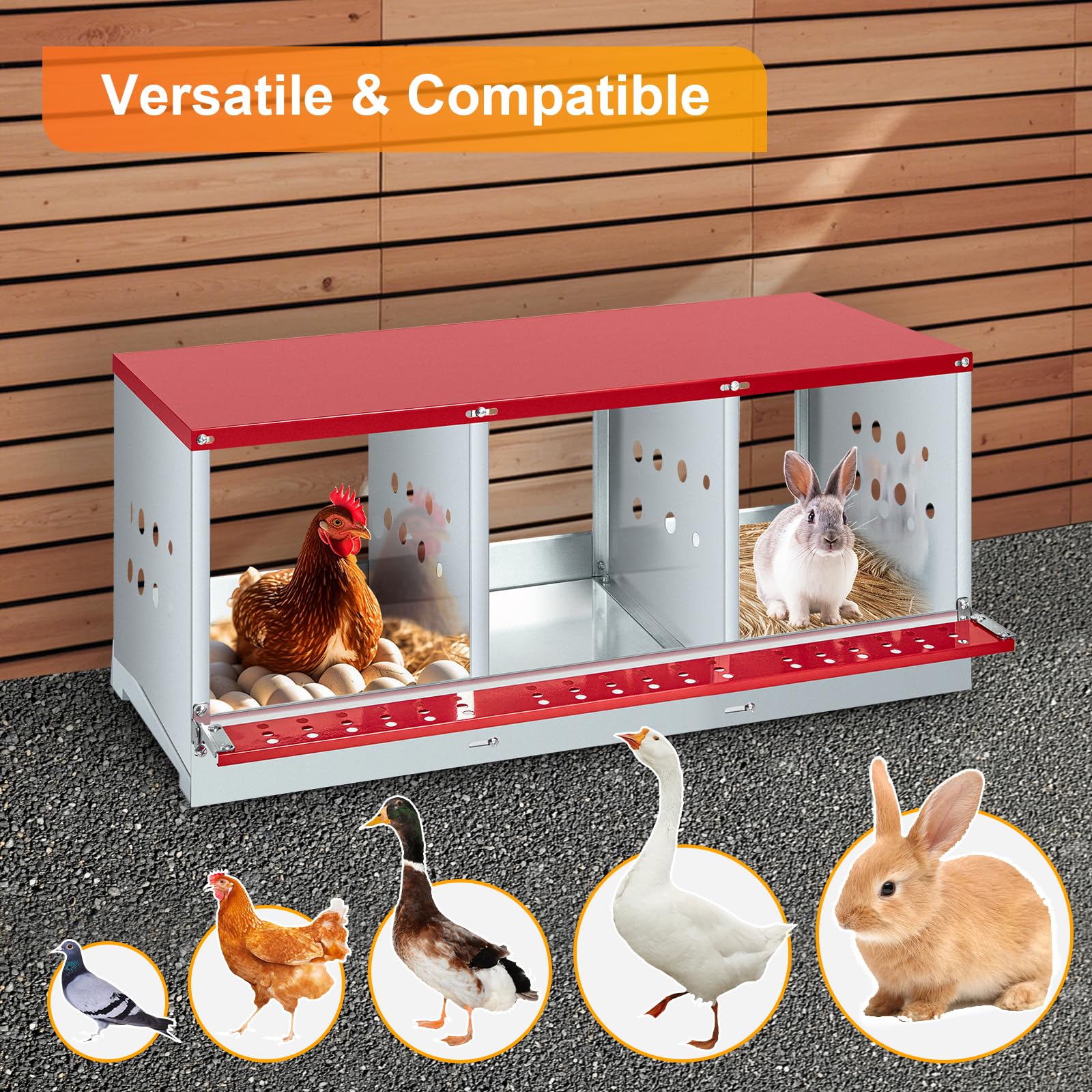 GARVEE 3-Compartment Galvanized Steel Nesting Box - Easy Egg Collection, Ventilated Design for Hens/Ducks/Rabbits Backyard Coop