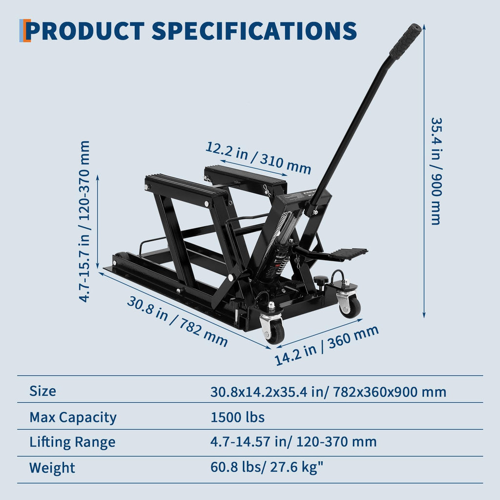 Garvee Hydraulic Motorcycle Lift Jack, 1500 lbs Capacity Steel ATV Hoist with Wheels, Adjustable Height, 3-Position Safety Lock, Portable Garage Lifting Stand，Black