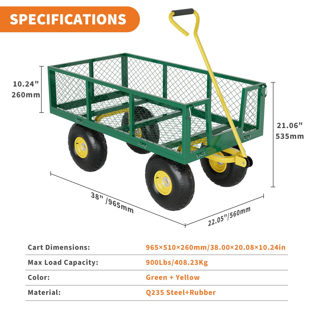 Garvee 900 Lbs Garden Wagon Heavy-Duty Steel Cart with 10" All-Terrain Tires, Removable Mesh Panels, 180° Rotating Handle for Outdoor Gardens