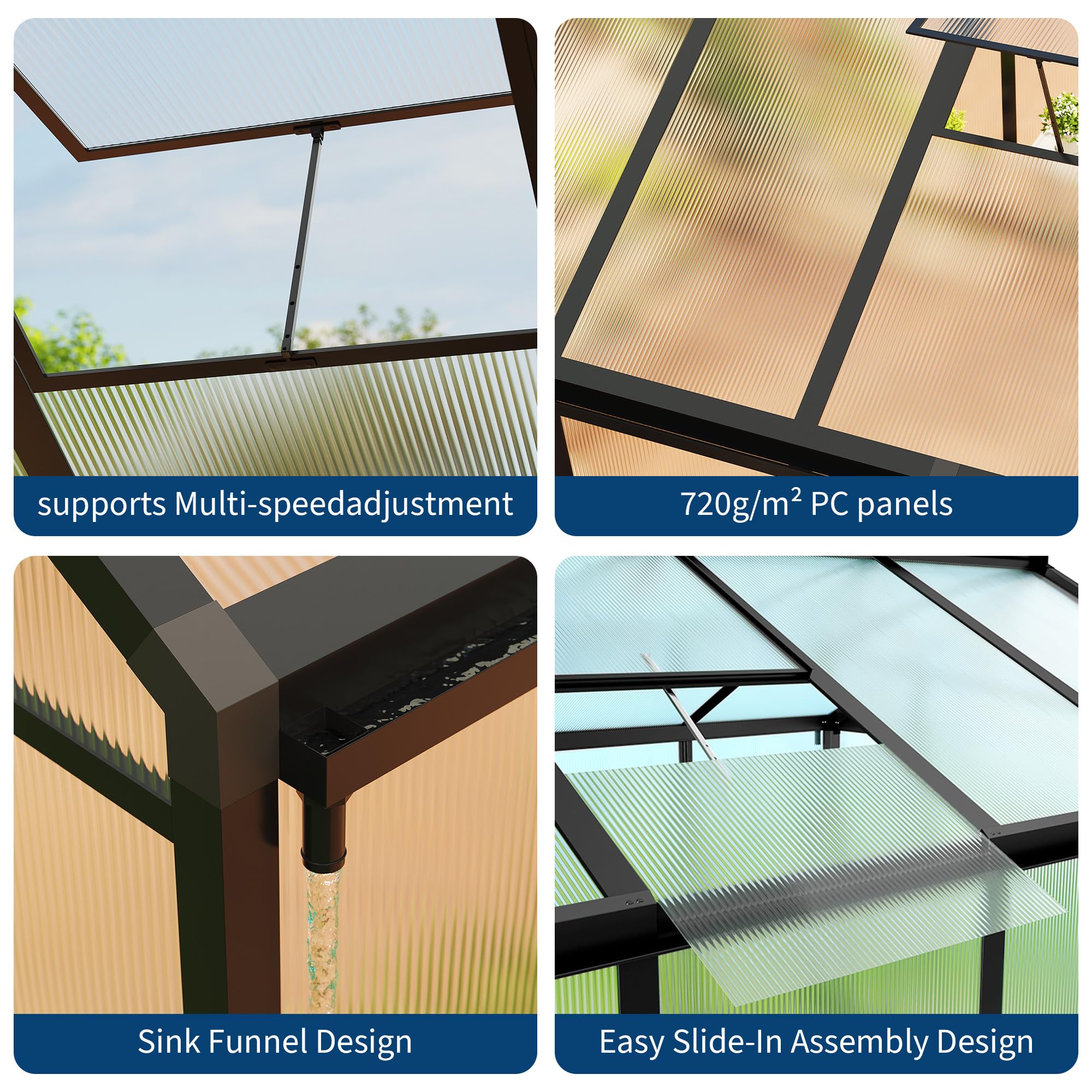 Garvee 8' × 10' Polycarbonate Greenhouse, Walk-In Garden House with Roof Vent, Black