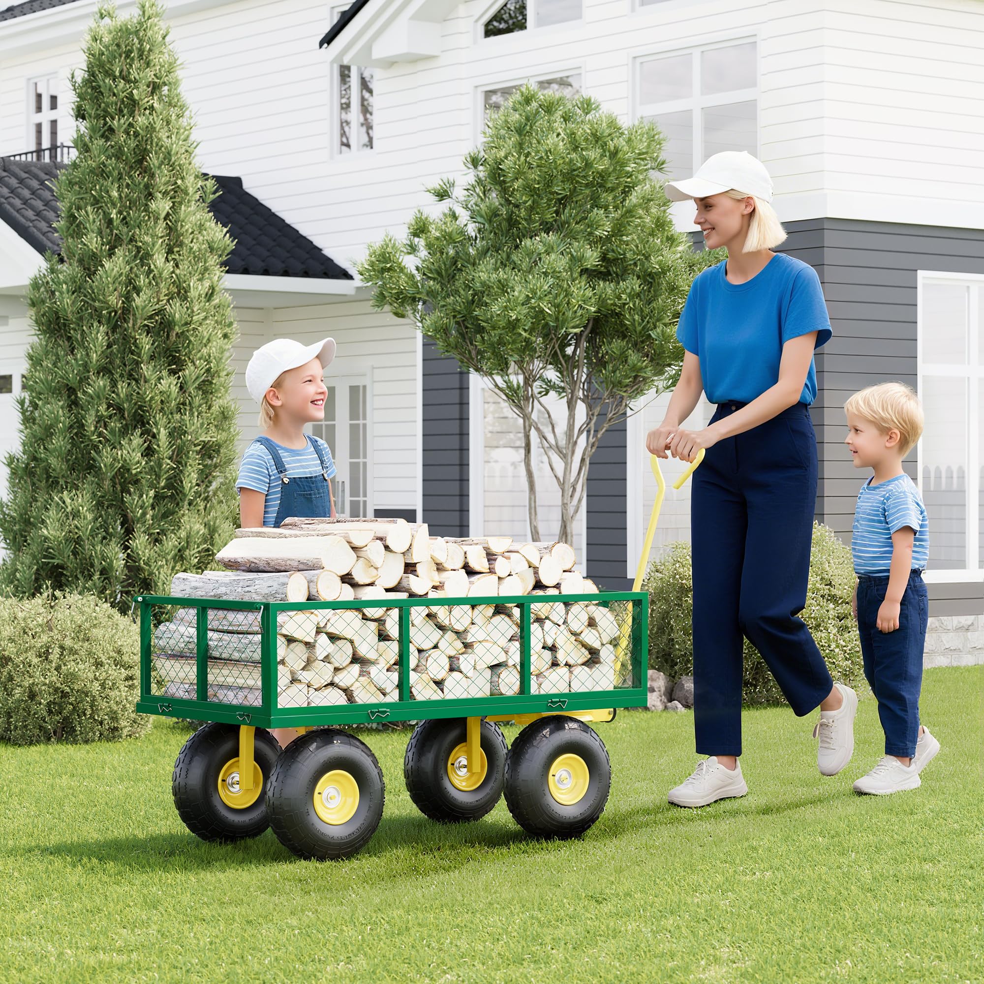 Garvee 900 Lbs Garden Wagon Heavy-Duty Steel Cart with 10" All-Terrain Tires, Removable Mesh Panels, 180° Rotating Handle for Outdoor Gardens