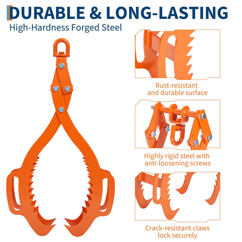 Garvee Heavy-Duty Log Lifting Tongs 32in 4 Claw Serrated Steel Non-Slip Grip Powder-Coated Steel Universal Fit for Logging & Wood Handling