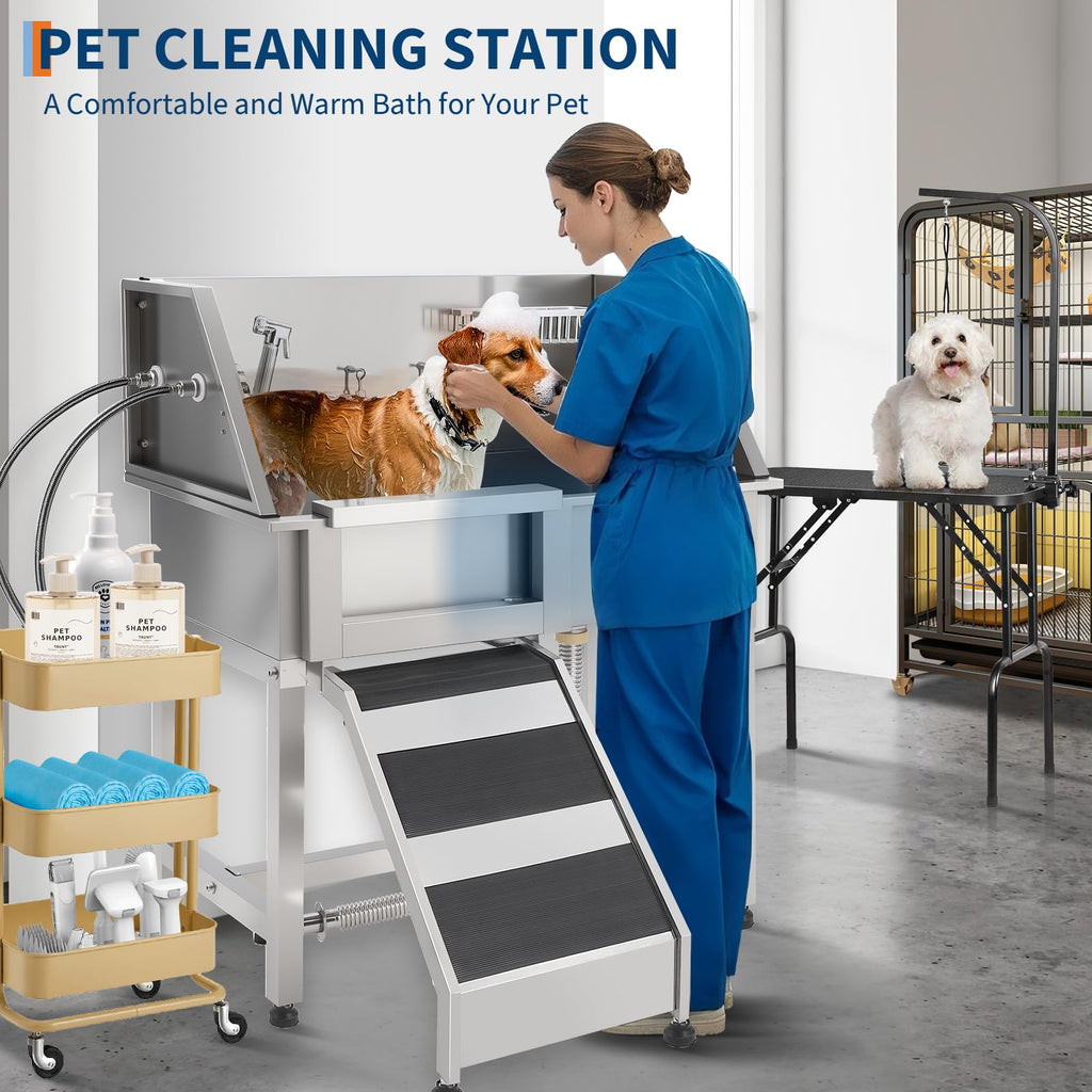 Garvee 38" Stainless Steel Dog Washing Station with Ramp & Sliding Door, Anti-Slip Grate, Left Stairs, Commercial-Grade, Grooming Salon & Home Use